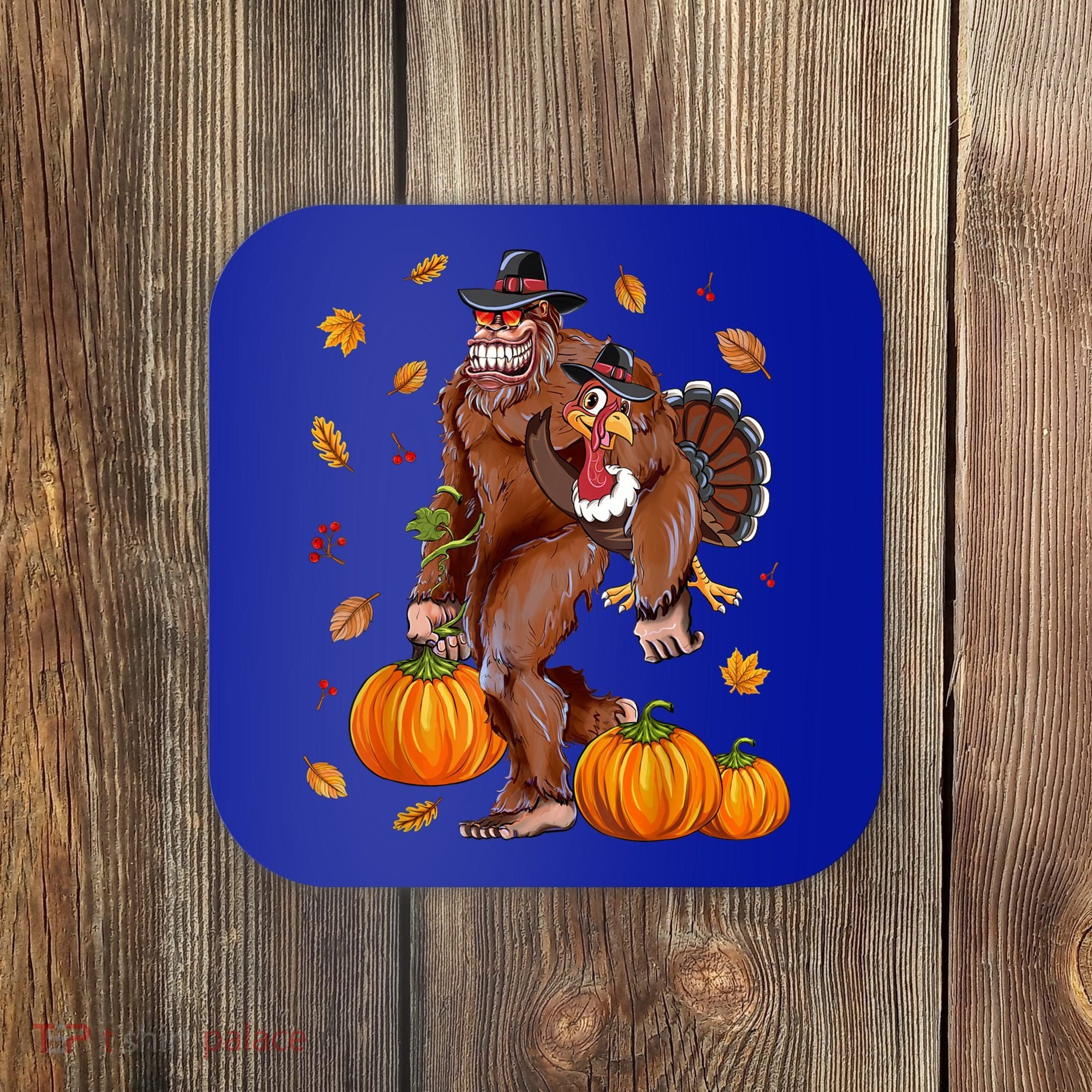 Bigfoot Sasquatch Turkey Pumpkin Happy Thanksgiving Day Coaster