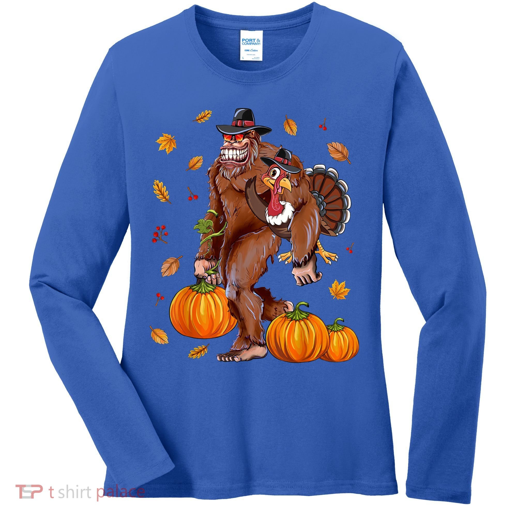 Bigfoot Sasquatch Turkey Pumpkin Happy Thanksgiving Day Women's Long Sleeve Shirt
