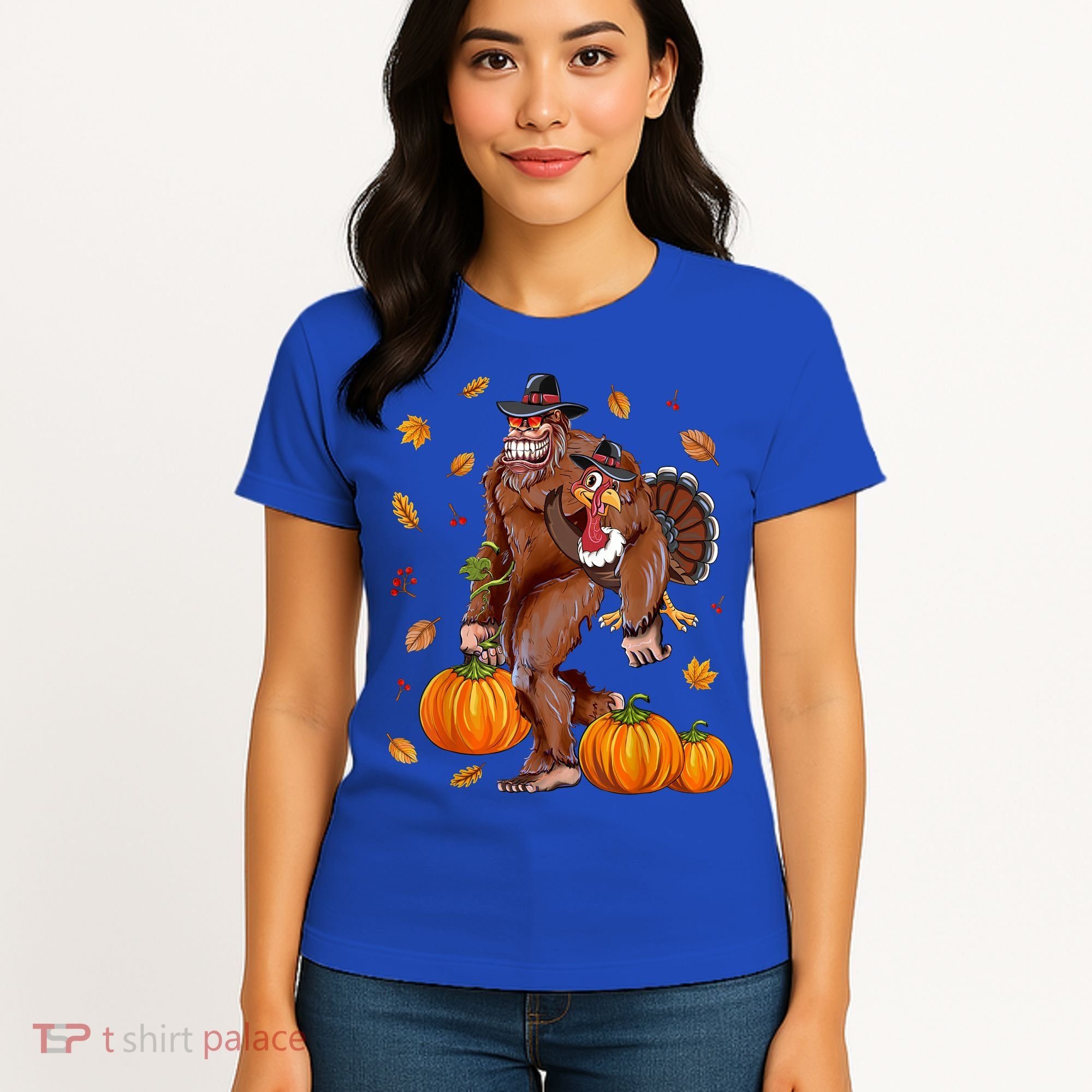 Bigfoot Sasquatch Turkey Pumpkin Happy Thanksgiving Day Women's T-Shirt