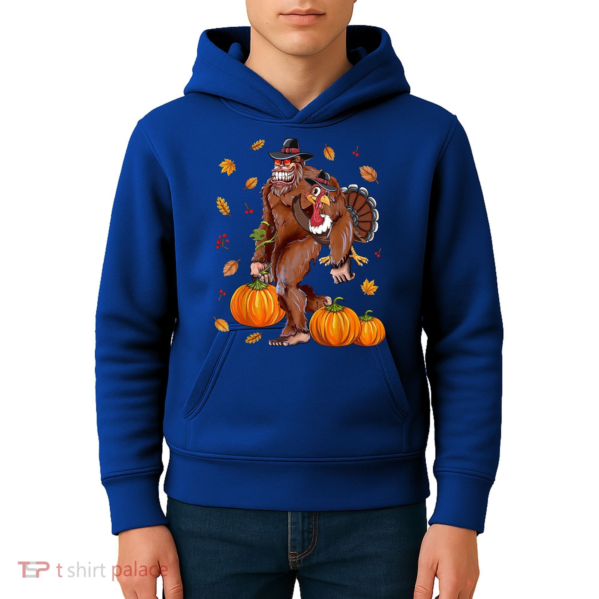 Bigfoot Sasquatch Turkey Pumpkin Happy Thanksgiving Day Kids Hoodie