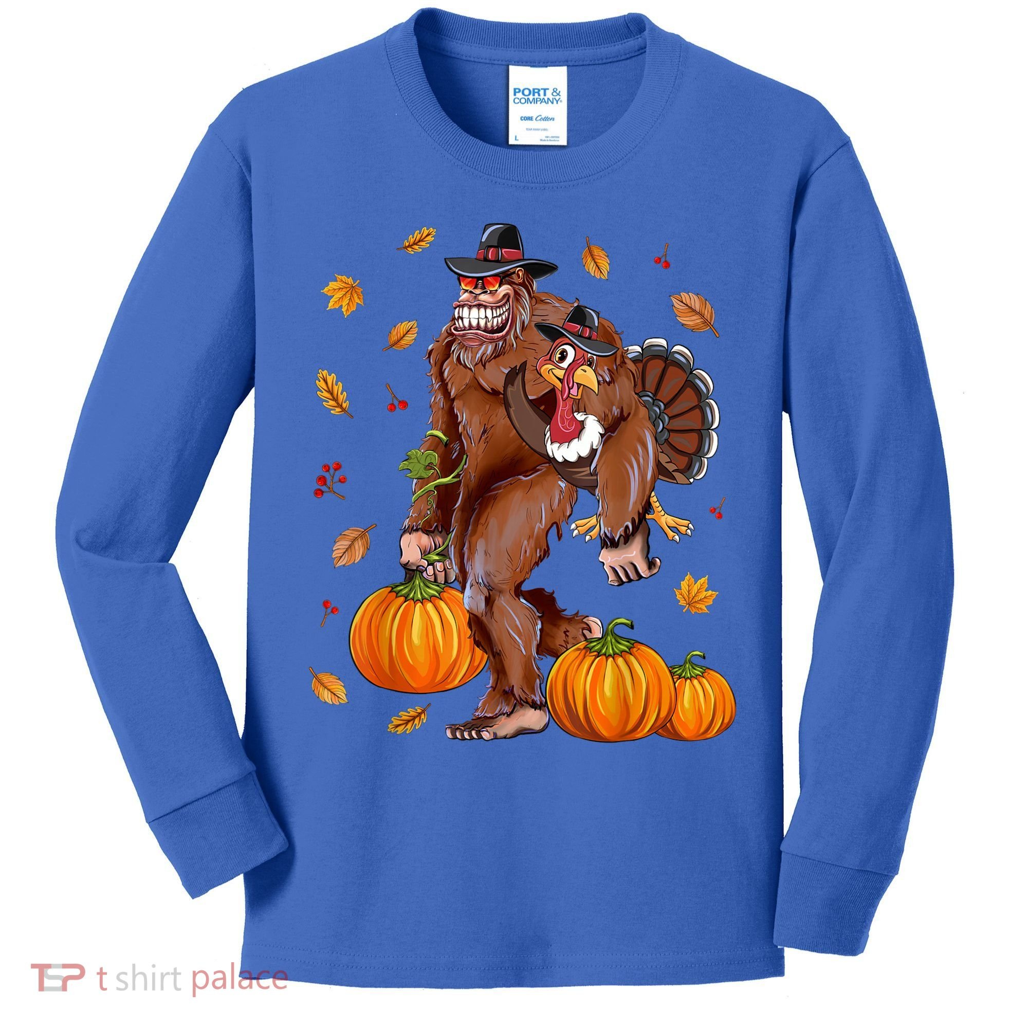 Bigfoot Sasquatch Turkey Pumpkin Happy Thanksgiving Day Kids Long Sleeve Shirt