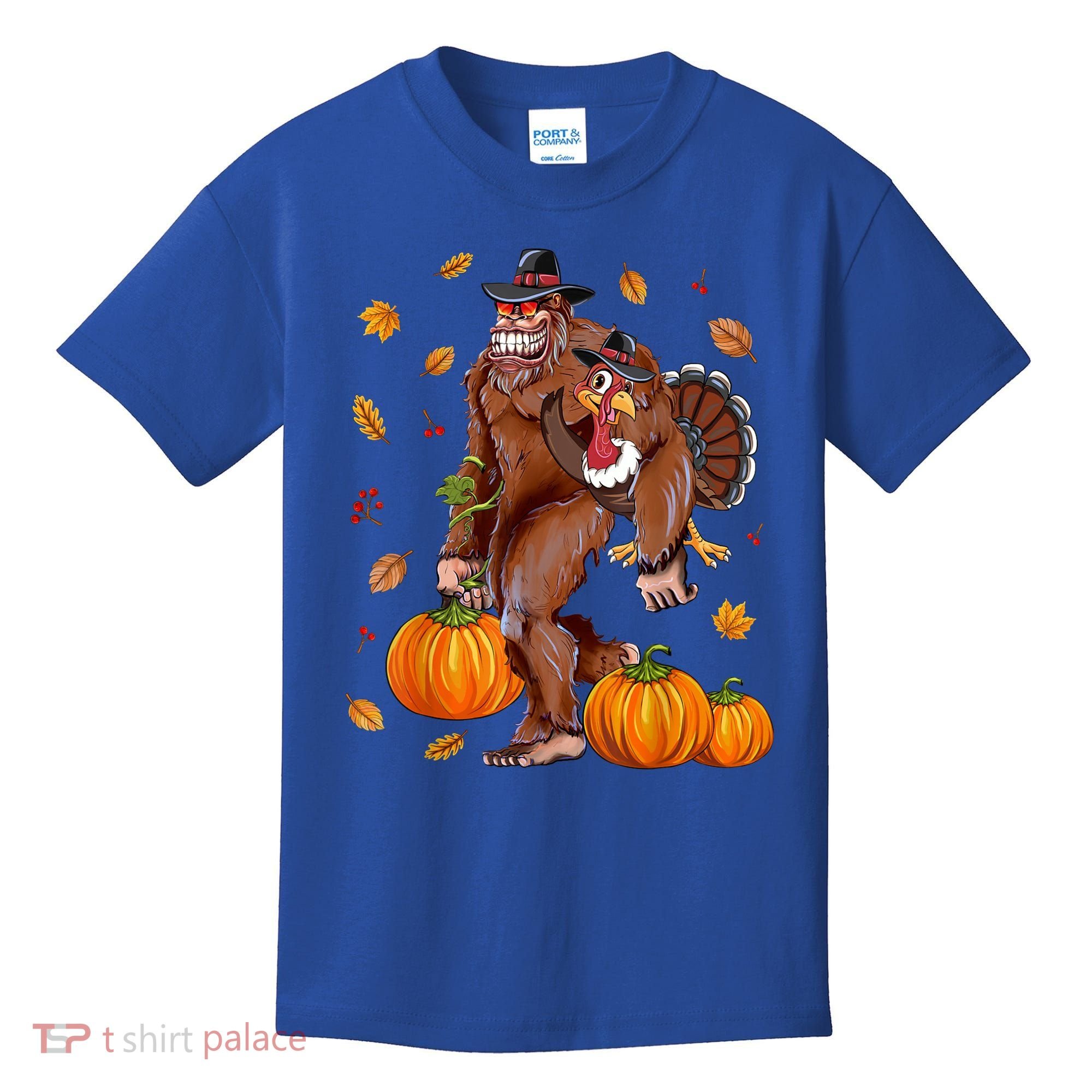 Bigfoot Sasquatch Turkey Pumpkin Happy Thanksgiving Day Kids T-Shirt