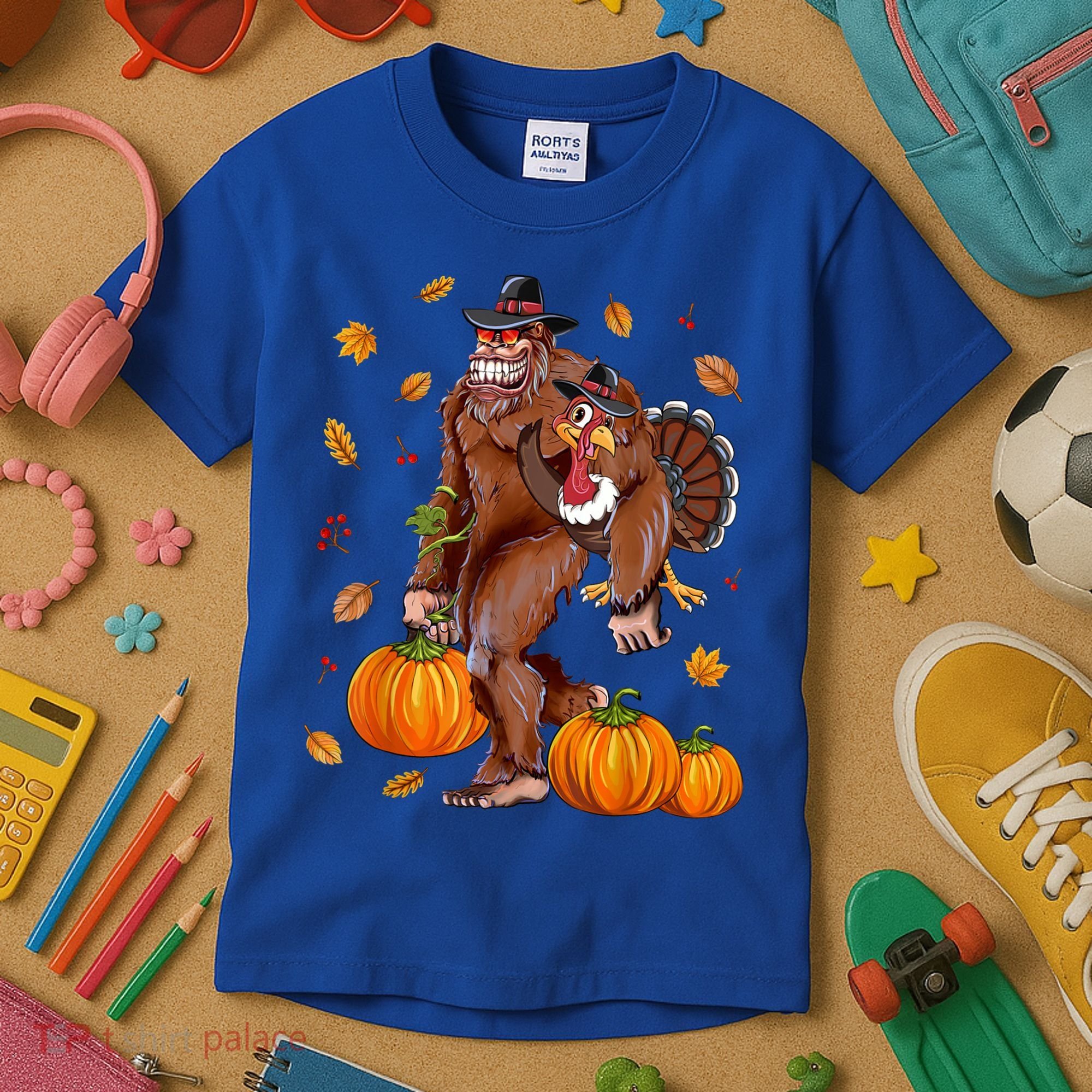Bigfoot Sasquatch Turkey Pumpkin Happy Thanksgiving Day Kids T-Shirt