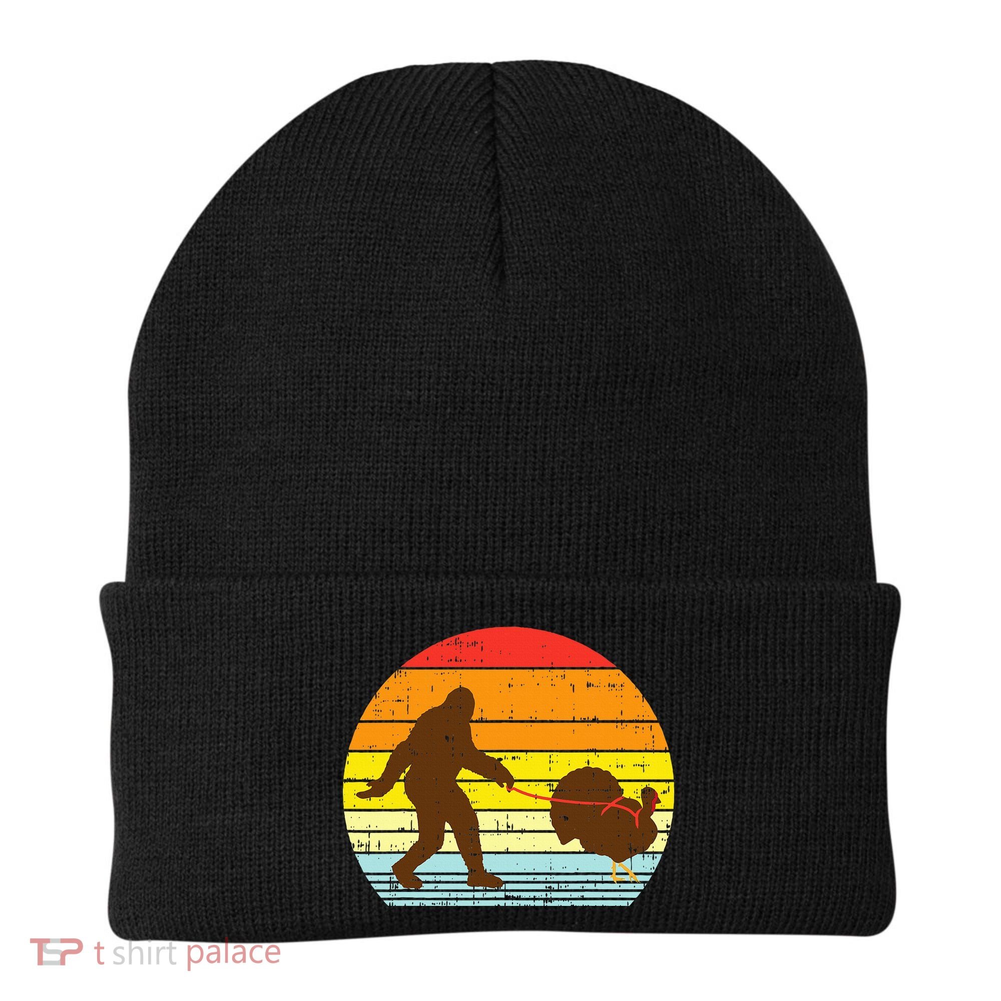 Bigfoot Sasquatch Turkey Sunset Retro Thanksgiving Day Gift Beanie