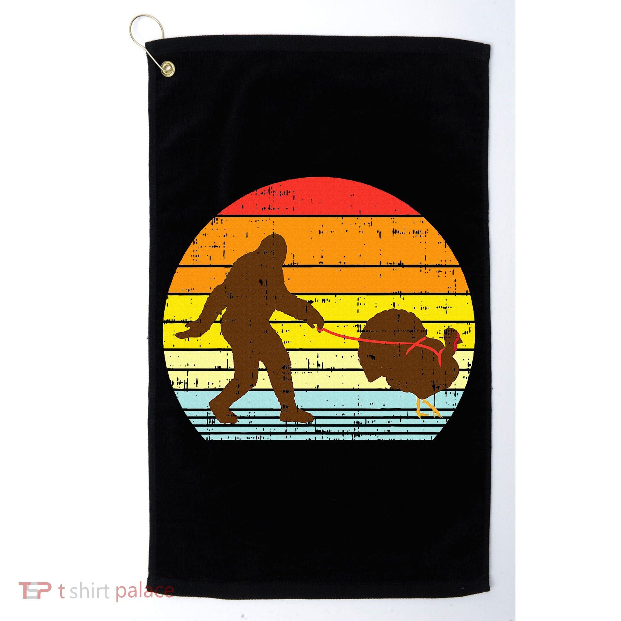 Bigfoot Sasquatch Turkey Sunset Retro Thanksgiving Day Gift Golf Towel