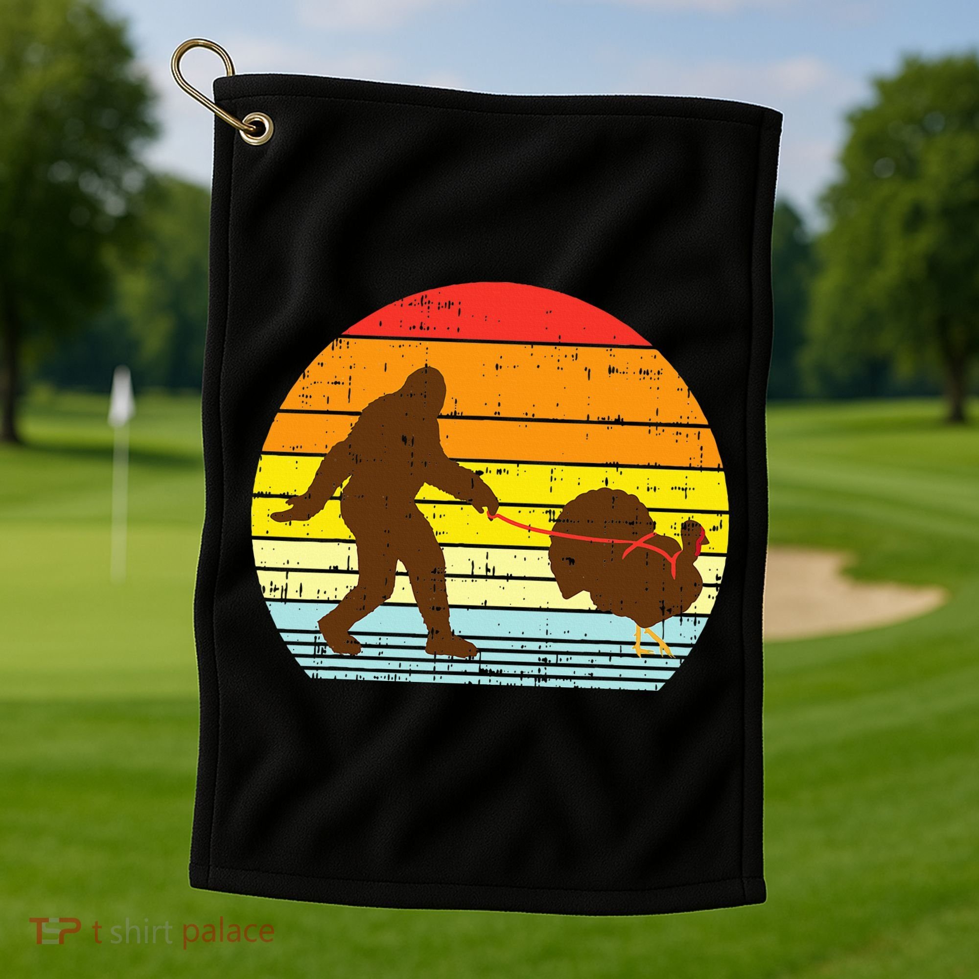 Bigfoot Sasquatch Turkey Sunset Retro Thanksgiving Day Gift Golf Towel
