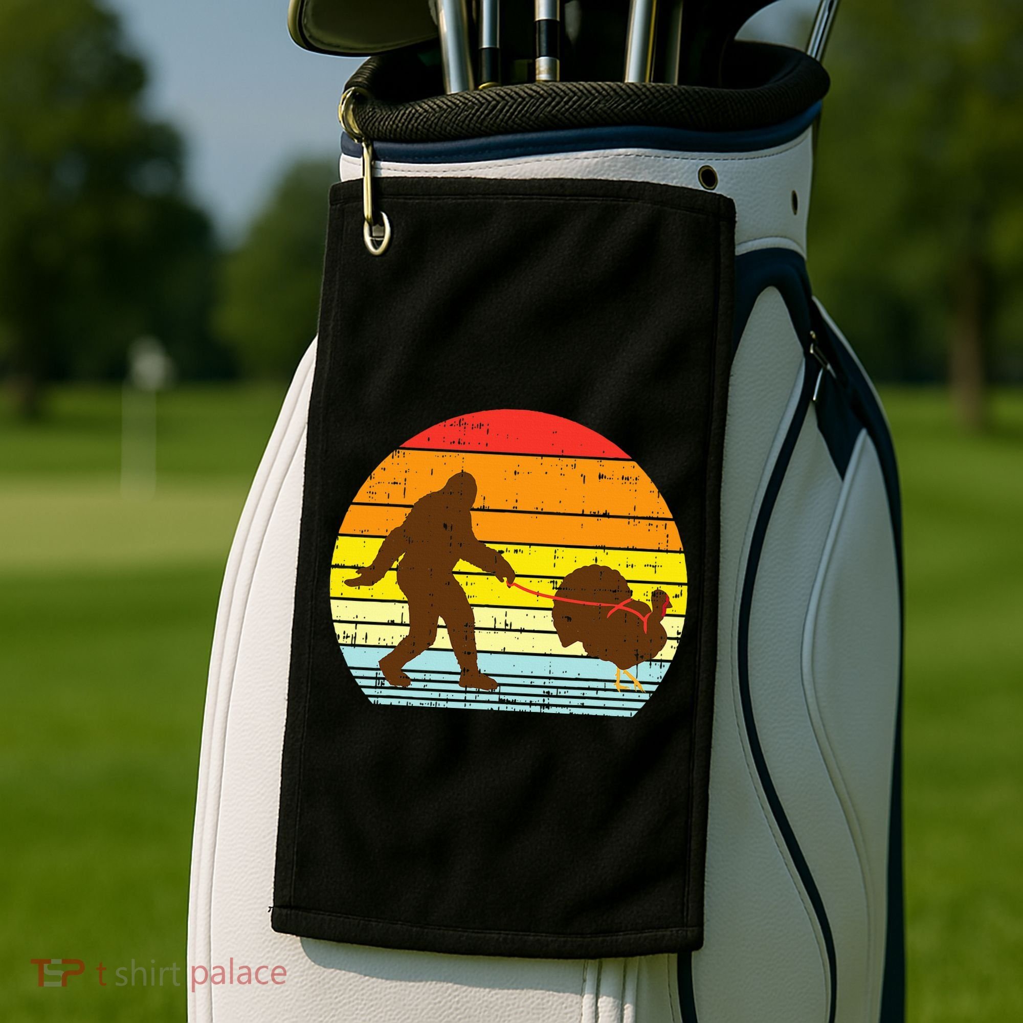 Bigfoot Sasquatch Turkey Sunset Retro Thanksgiving Day Gift Golf Towel