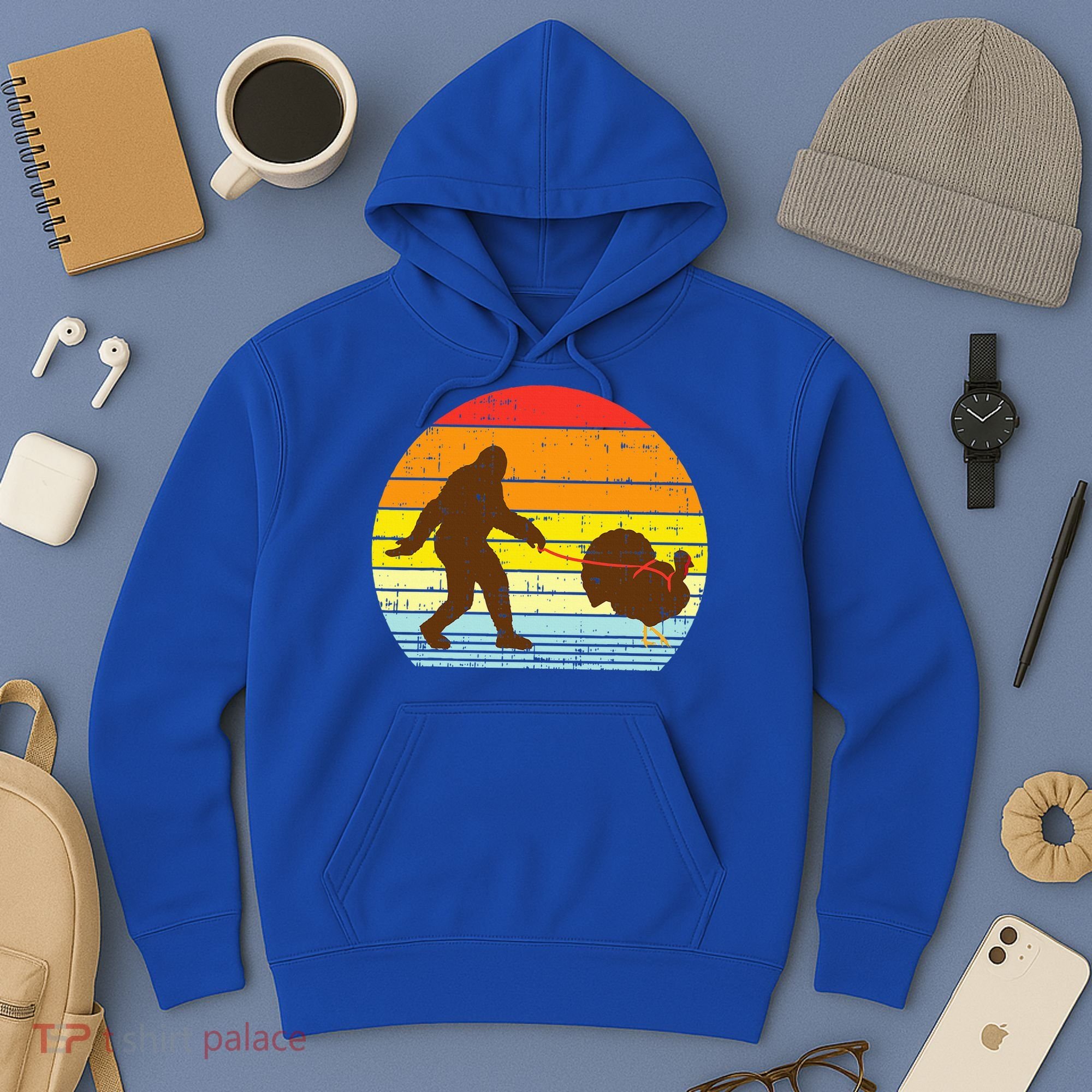 Bigfoot Sasquatch Turkey Sunset Retro Thanksgiving Day Gift Hoodie