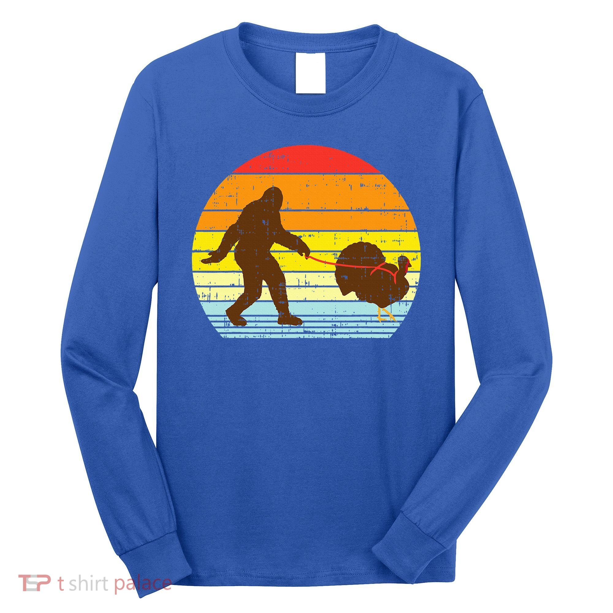 Bigfoot Sasquatch Turkey Sunset Retro Thanksgiving Day Gift Long Sleeve Shirt