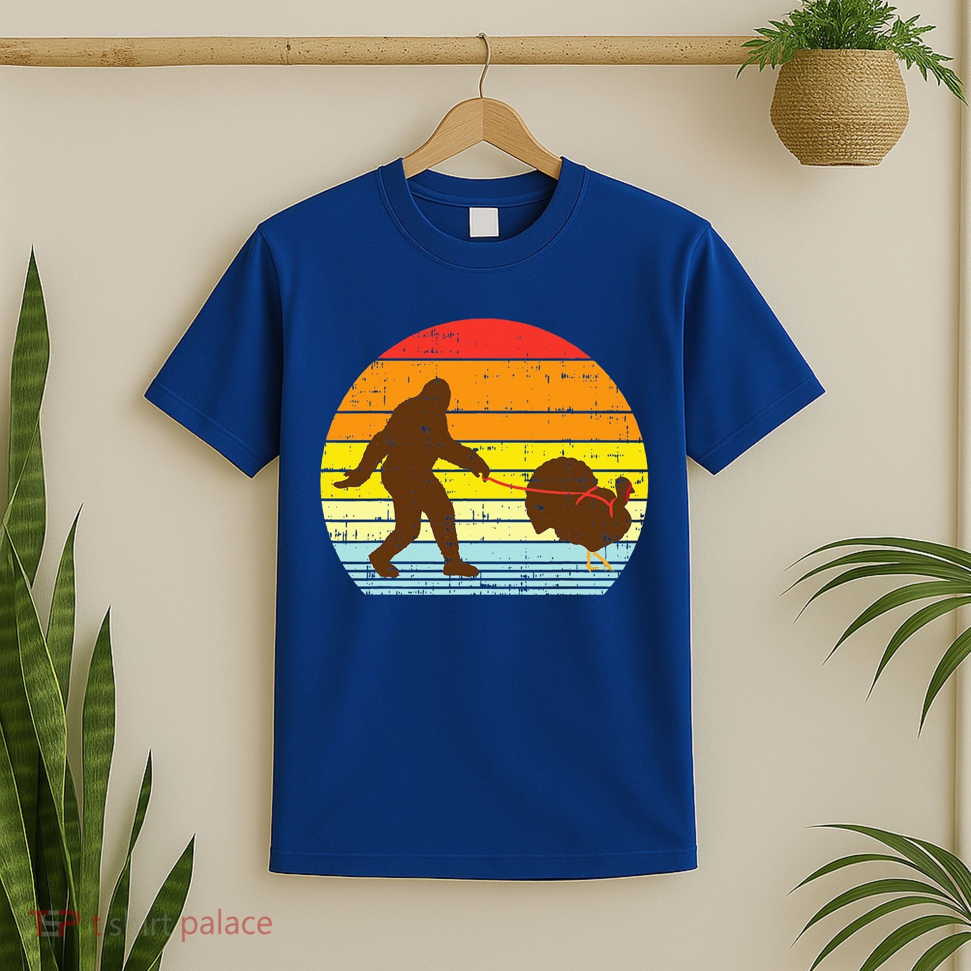 Bigfoot Sasquatch Turkey Sunset Retro Thanksgiving Day Gift T-Shirt