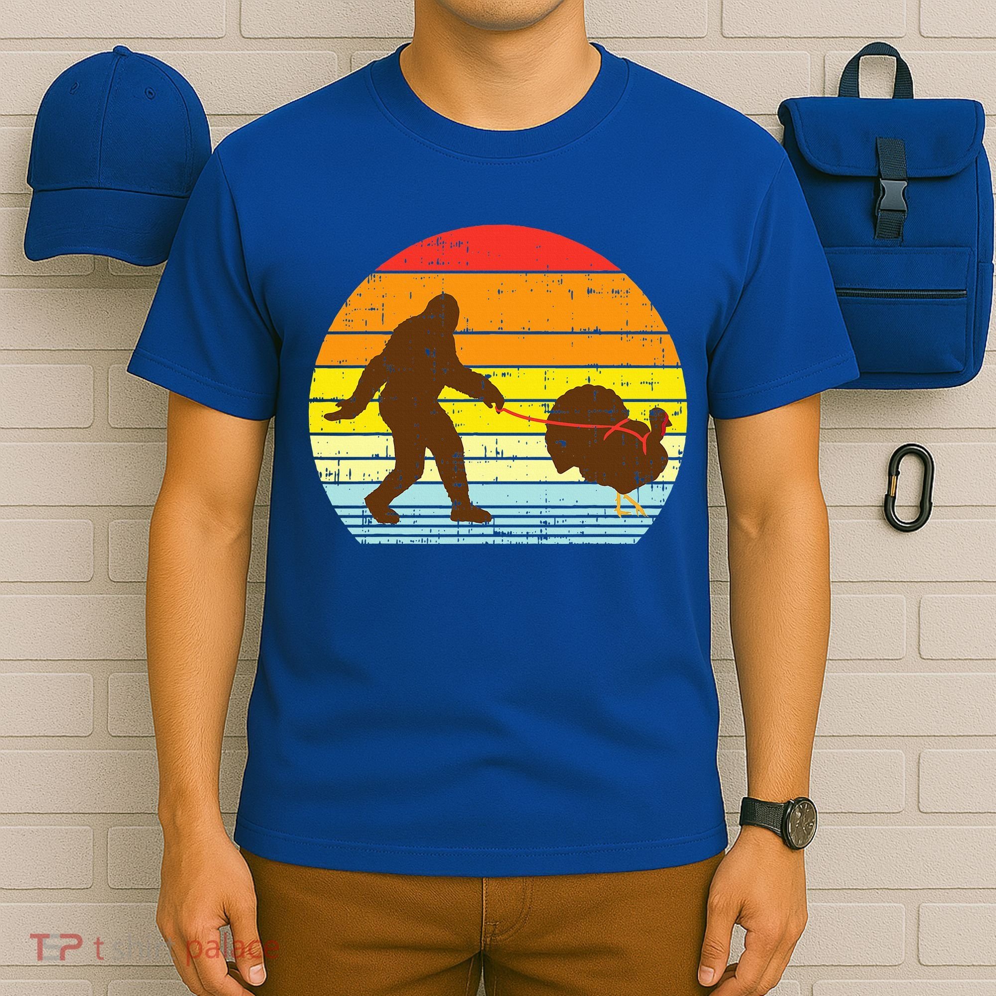 Bigfoot Sasquatch Turkey Sunset Retro Thanksgiving Day Gift T-Shirt