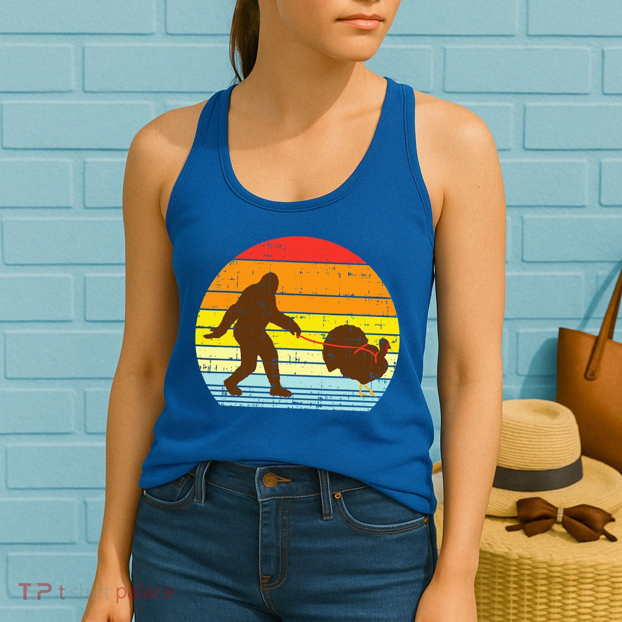 Bigfoot Sasquatch Turkey Sunset Retro Thanksgiving Day Gift Women's Tank Top