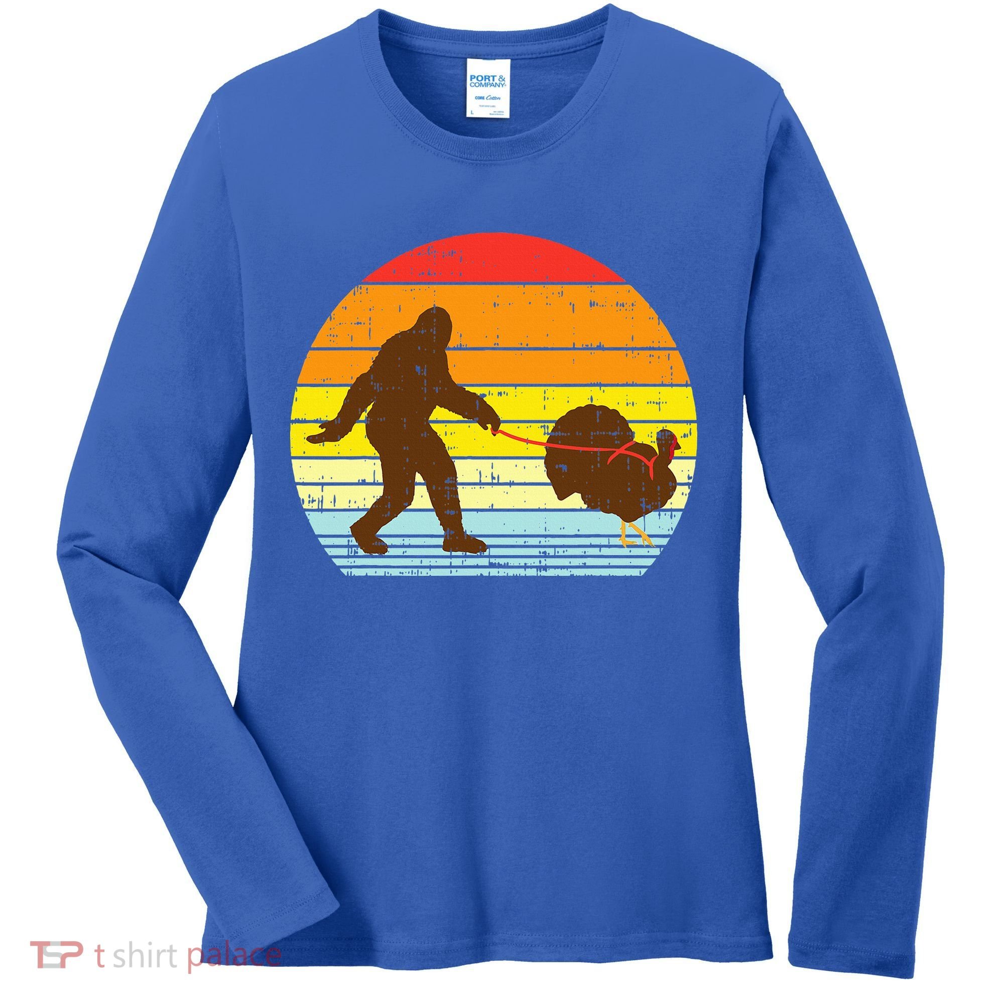 Bigfoot Sasquatch Turkey Sunset Retro Thanksgiving Day Gift Women's Long Sleeve Shirt