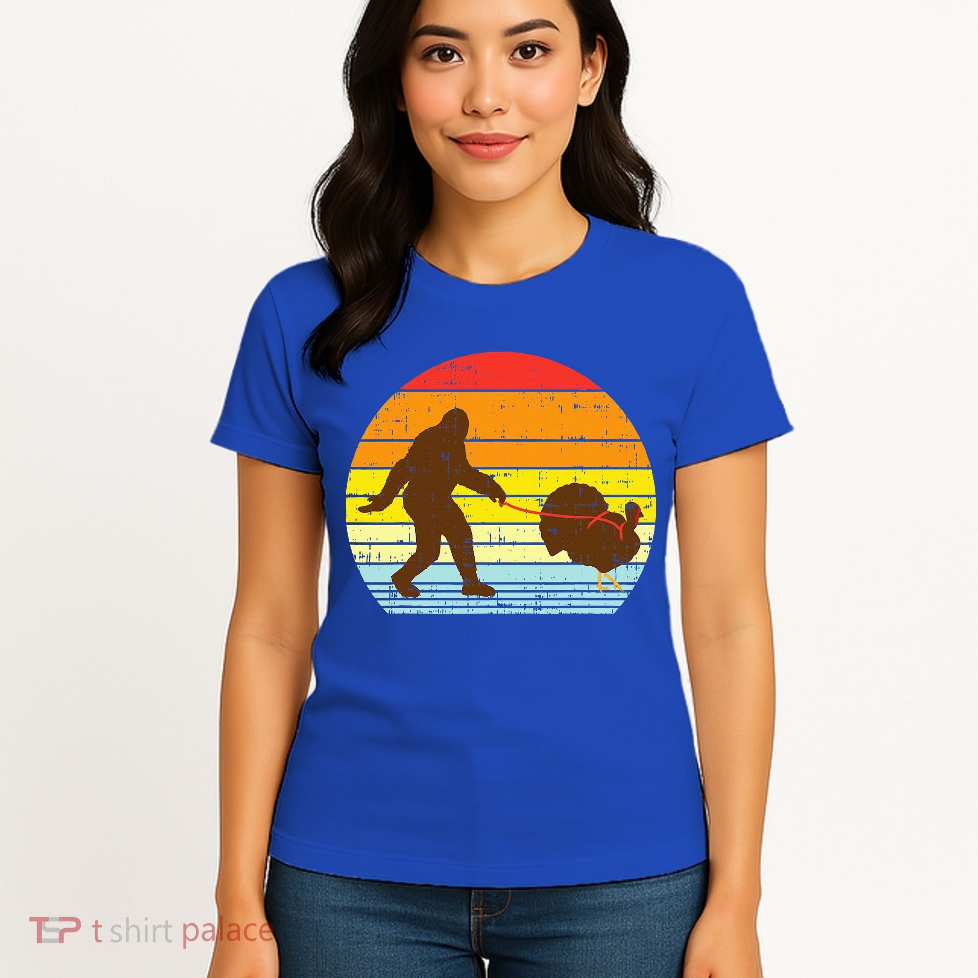 Bigfoot Sasquatch Turkey Sunset Retro Thanksgiving Day Gift Women's T-Shirt