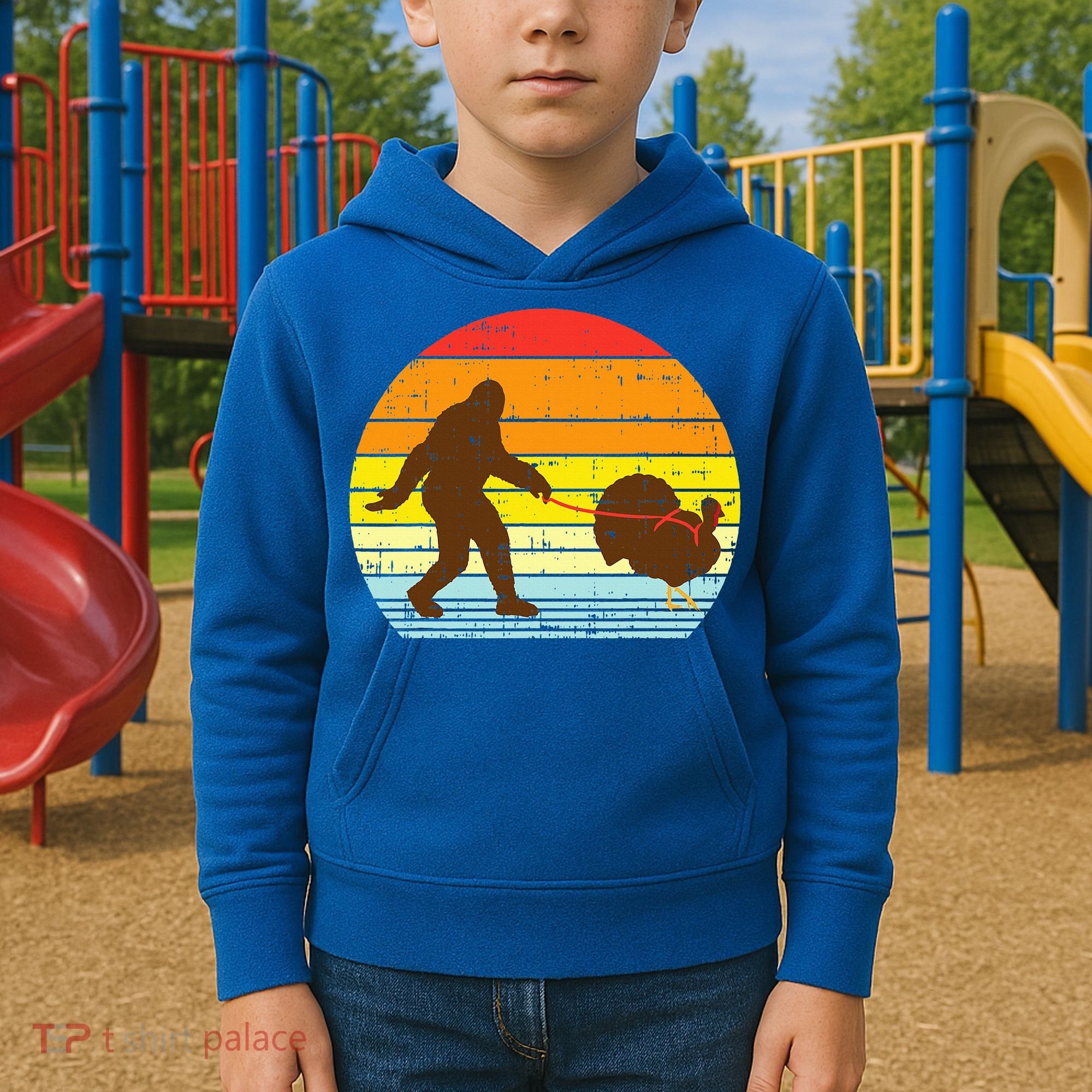 Bigfoot Sasquatch Turkey Sunset Retro Thanksgiving Day Gift Kids Hoodie