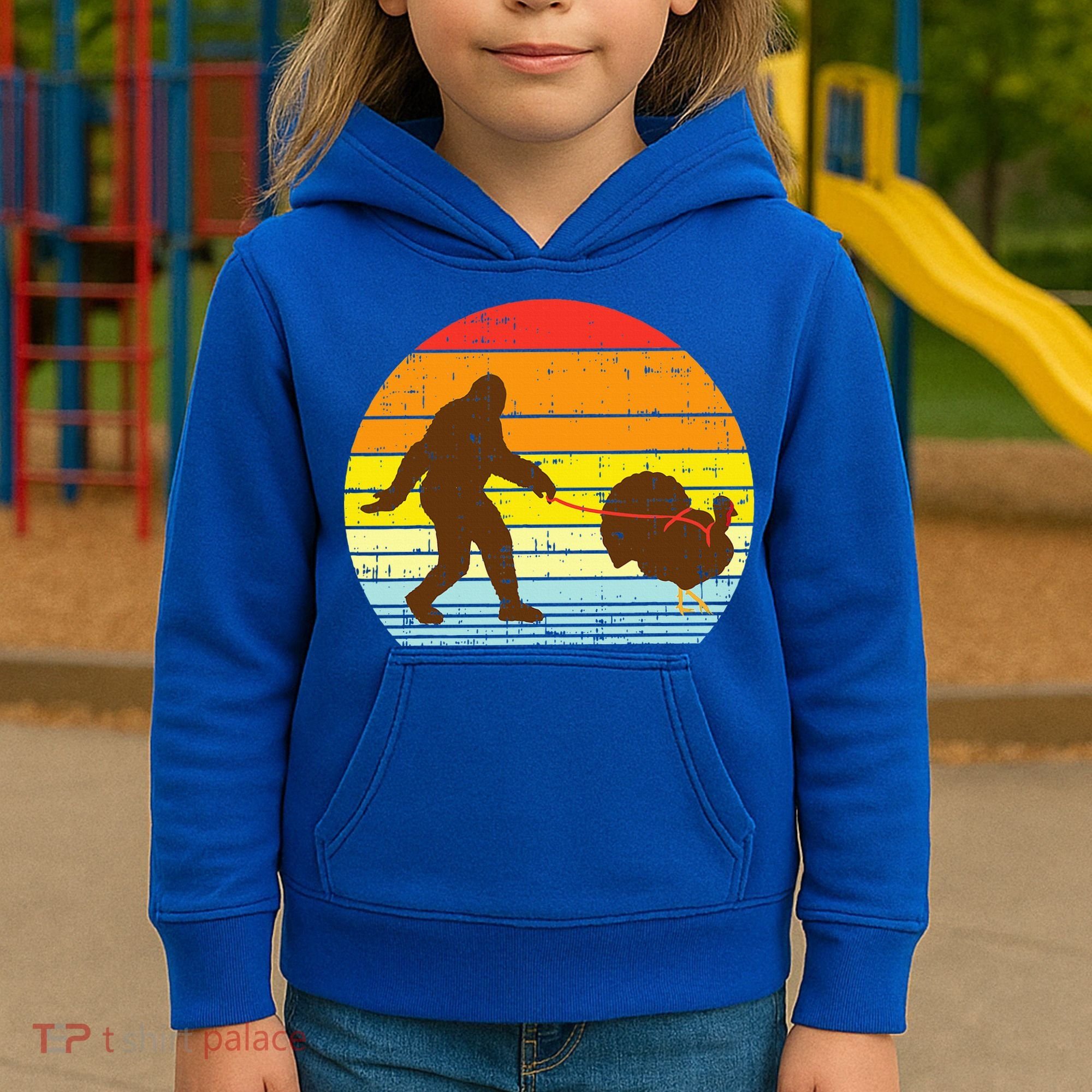 Bigfoot Sasquatch Turkey Sunset Retro Thanksgiving Day Gift Kids Hoodie