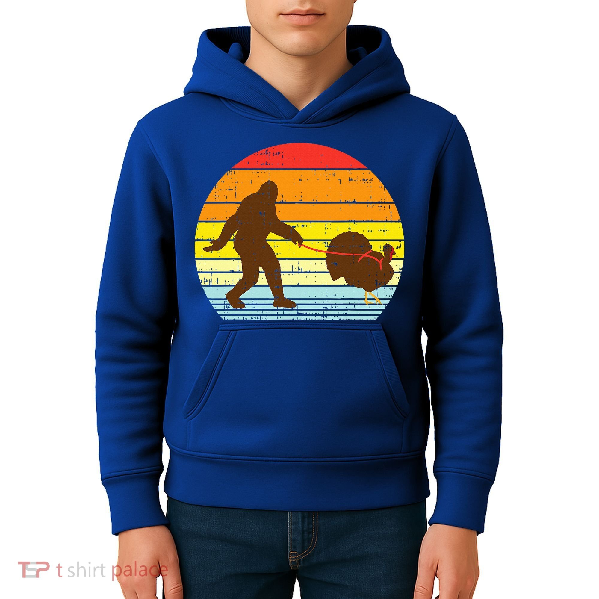 Bigfoot Sasquatch Turkey Sunset Retro Thanksgiving Day Gift Kids Hoodie