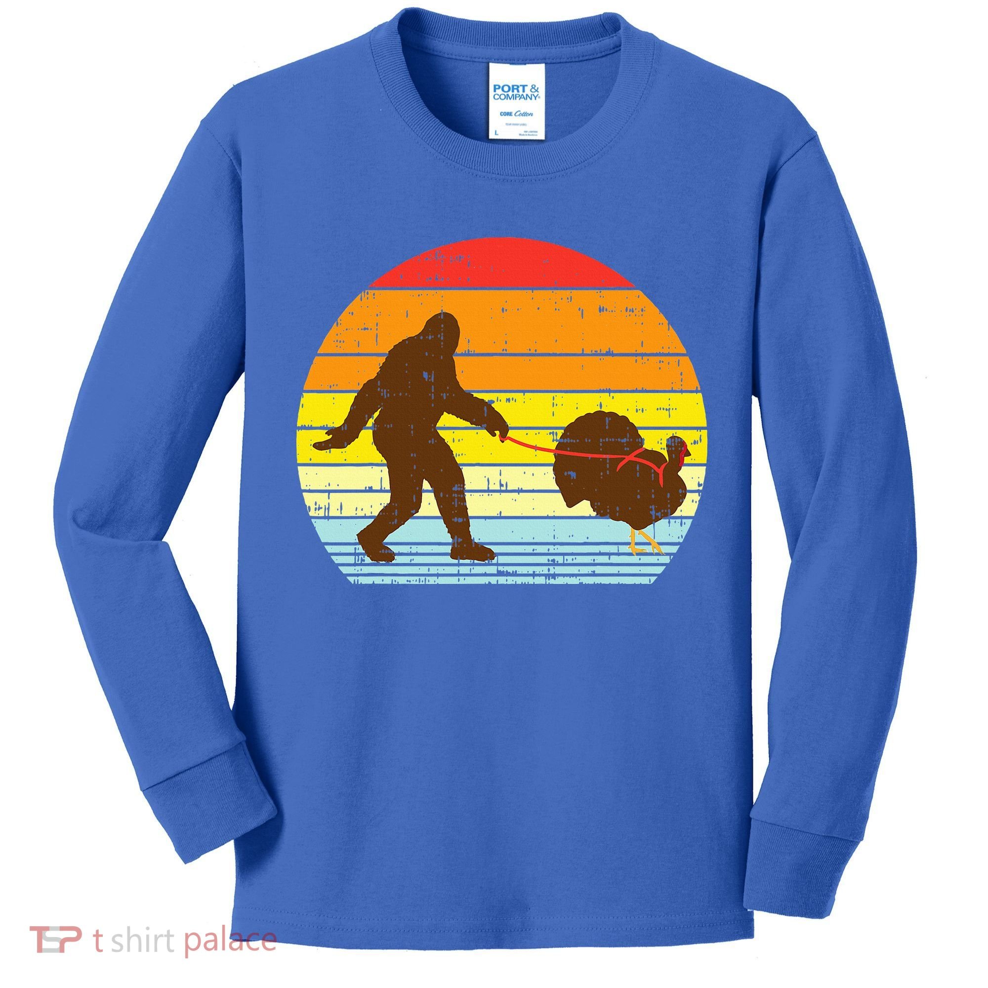 Bigfoot Sasquatch Turkey Sunset Retro Thanksgiving Day Gift Kids Long Sleeve Shirt