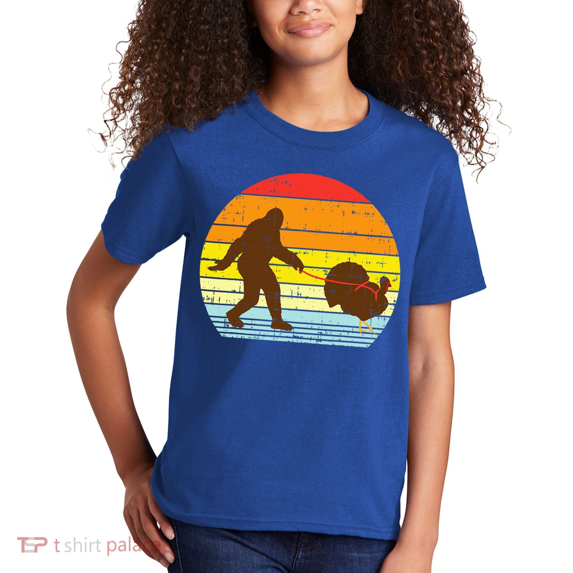 Bigfoot Sasquatch Turkey Sunset Retro Thanksgiving Day Gift Kids T-Shirt