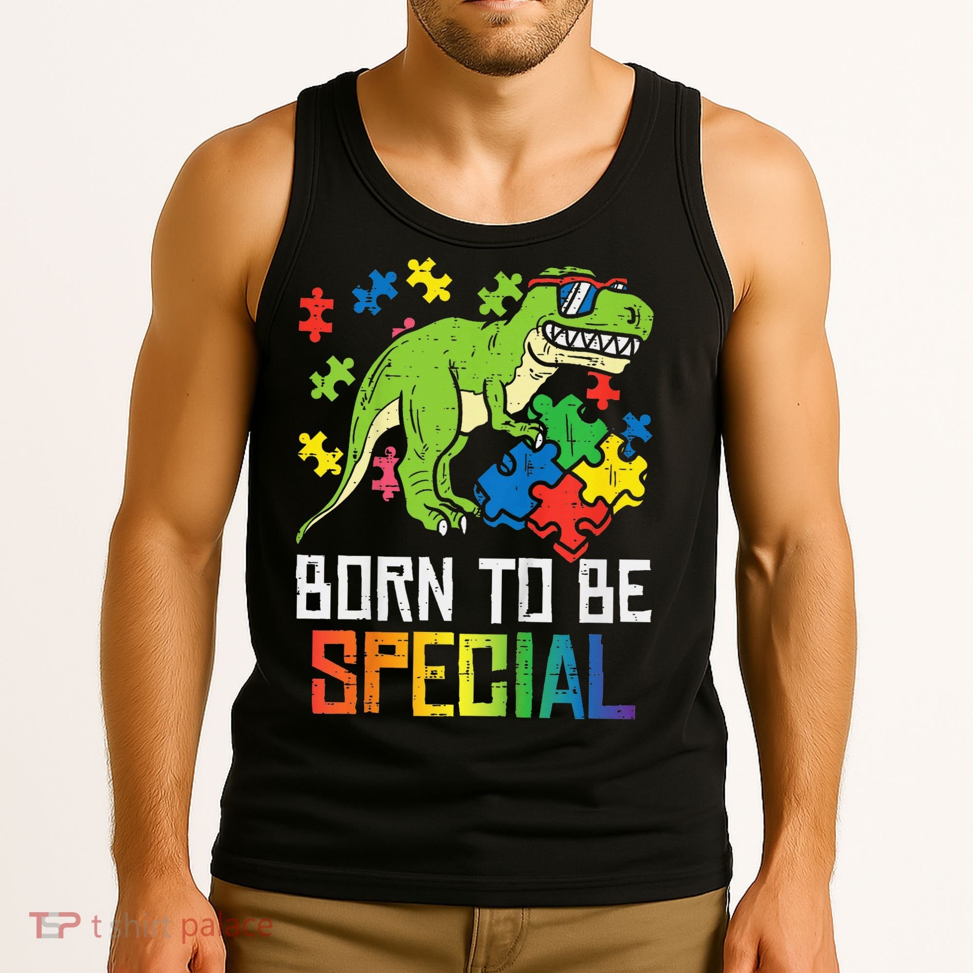 Born Special Trex Puzzle Dino Autism Awareness Tank Top