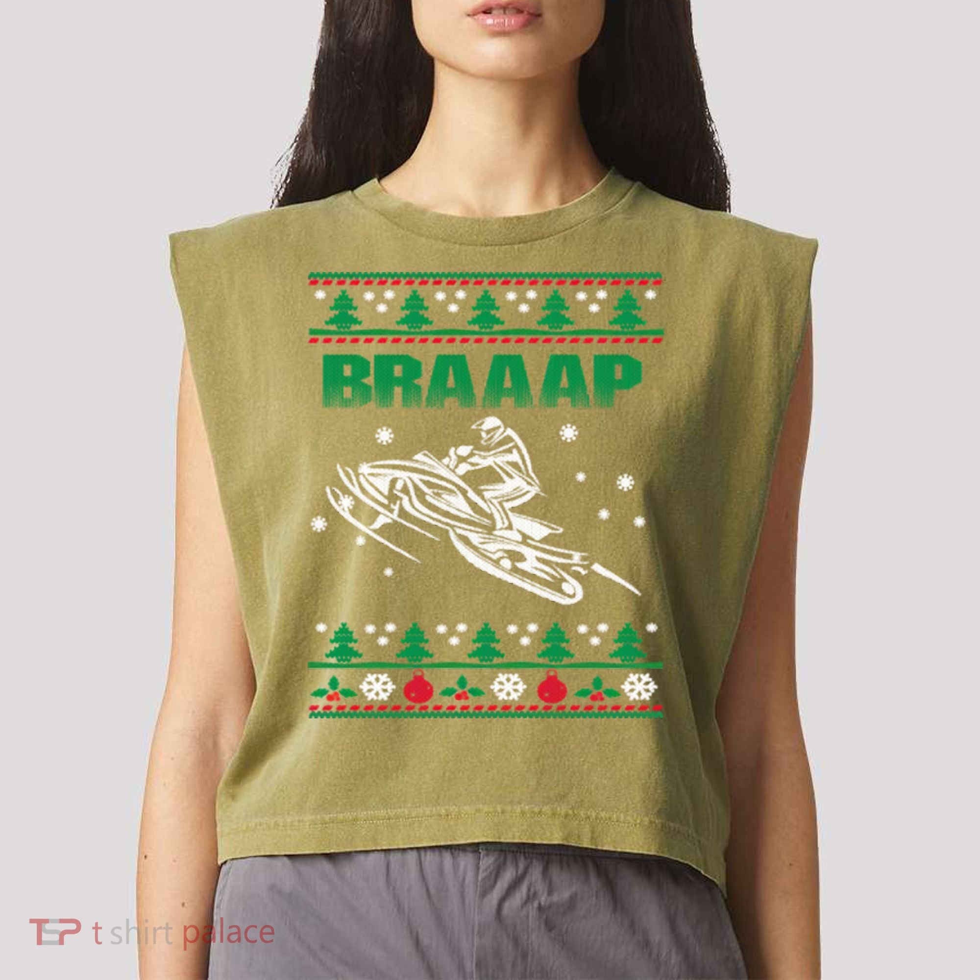 Braaap Snowmobiling Ugly Christmas Garment-Dyed Women's Muscle Tee