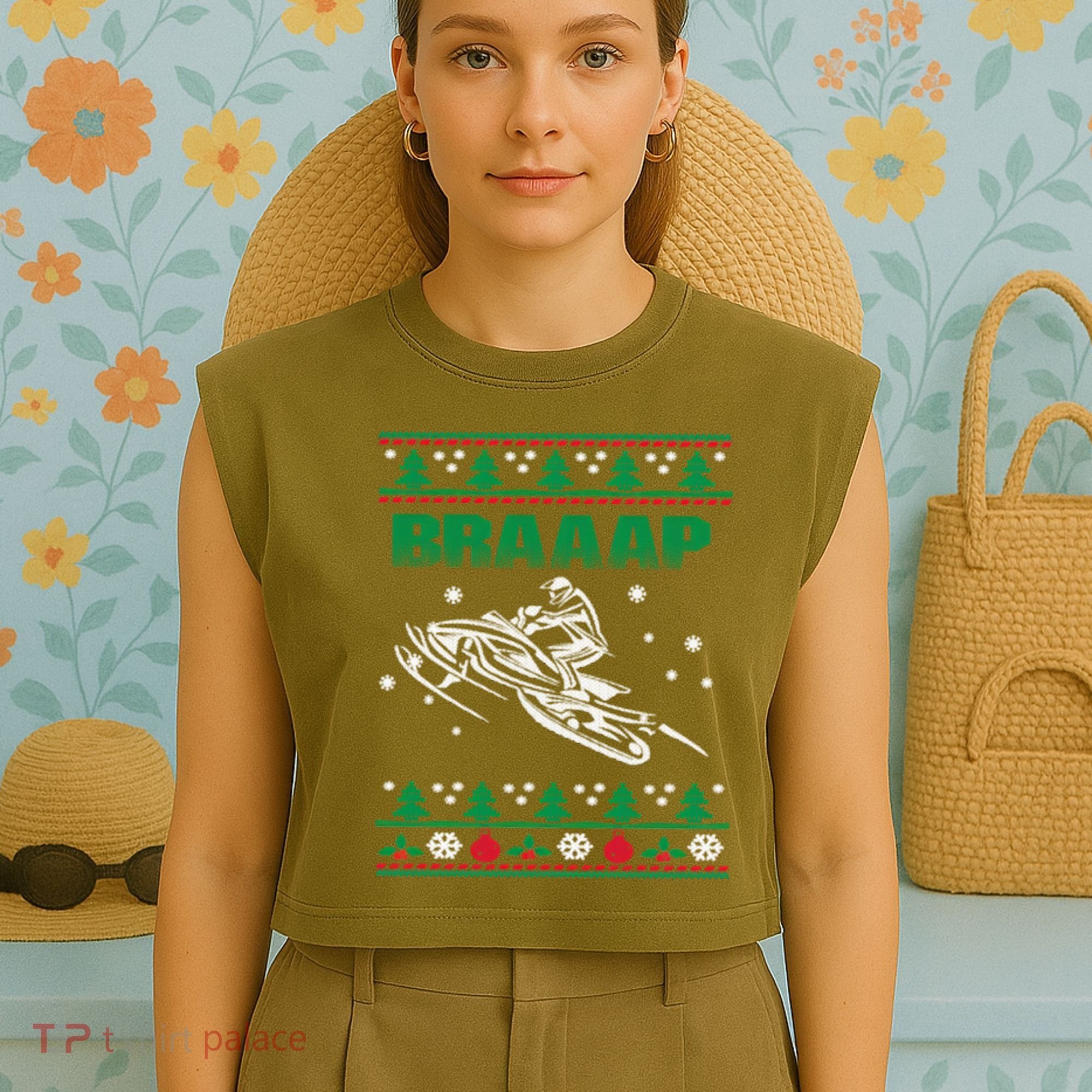 Braaap Snowmobiling Ugly Christmas Garment-Dyed Women's Muscle Tee