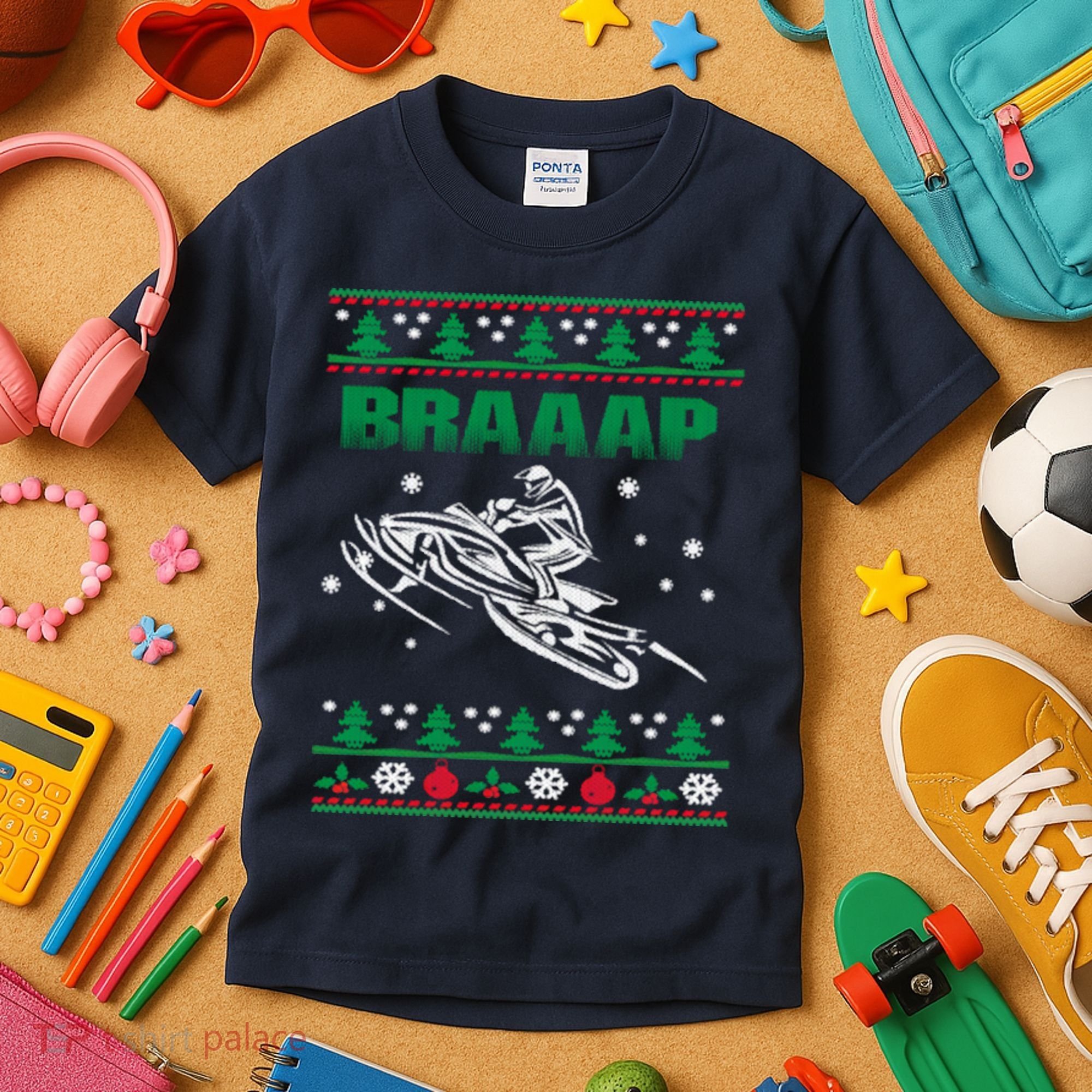 Braaap Snowmobiling Ugly Christmas Kids T-Shirt