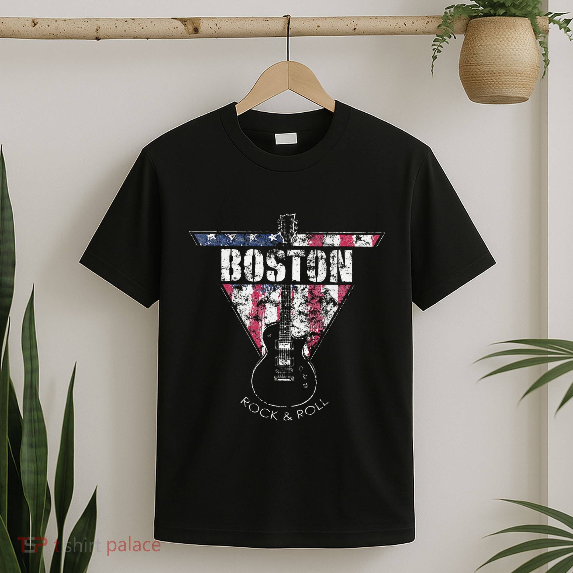 Boston Souvenir Vintage American Flag Guitar Player Rock T-Shirt