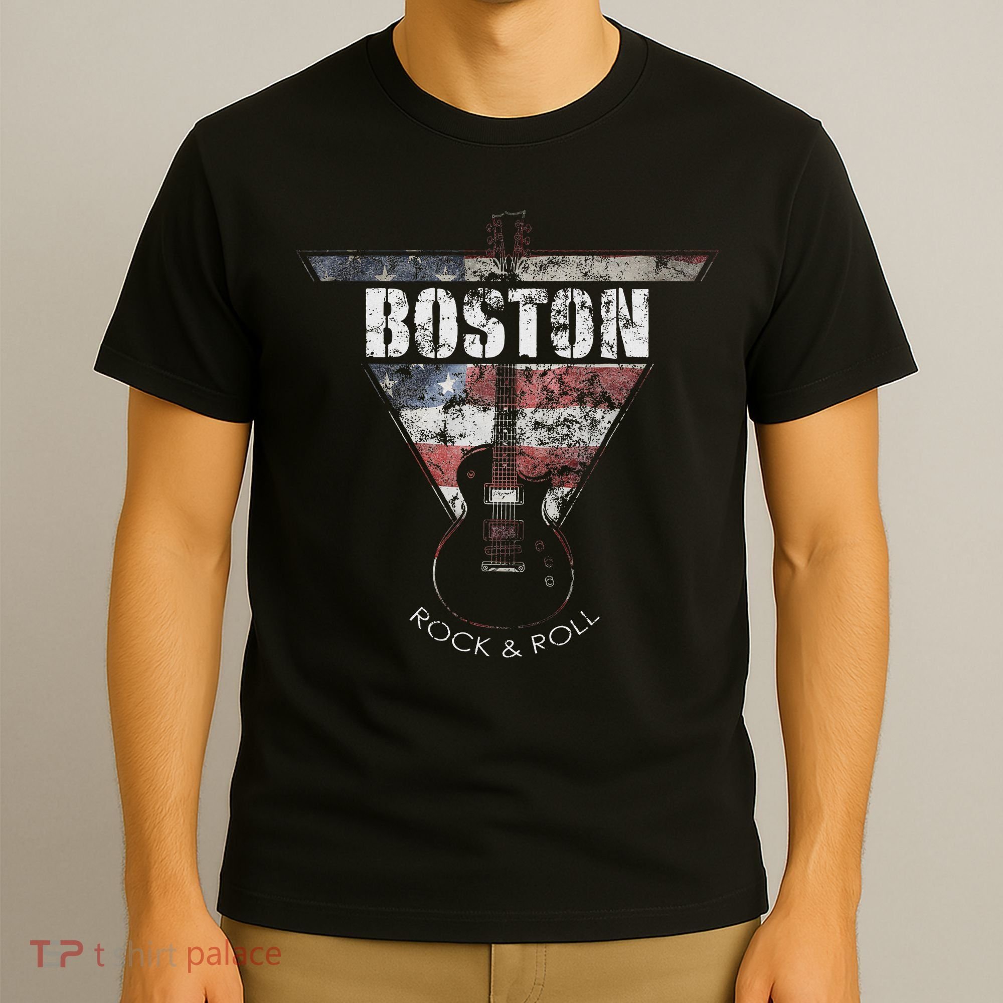 Boston Souvenir Vintage American Flag Guitar Player Rock Fan T-Shirt