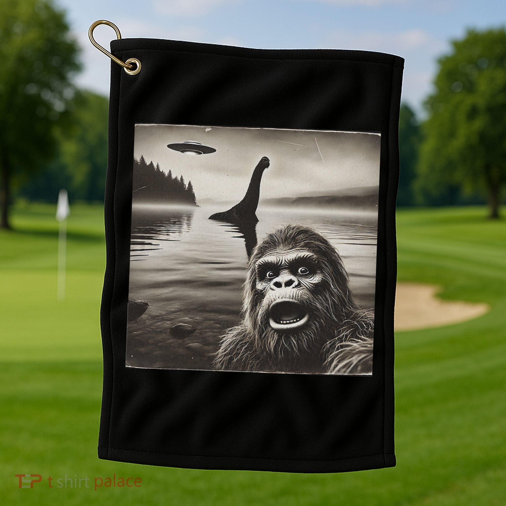 Bigfoot Selfie With Loch Ness Monster And Ufo Aliens Golf Towel