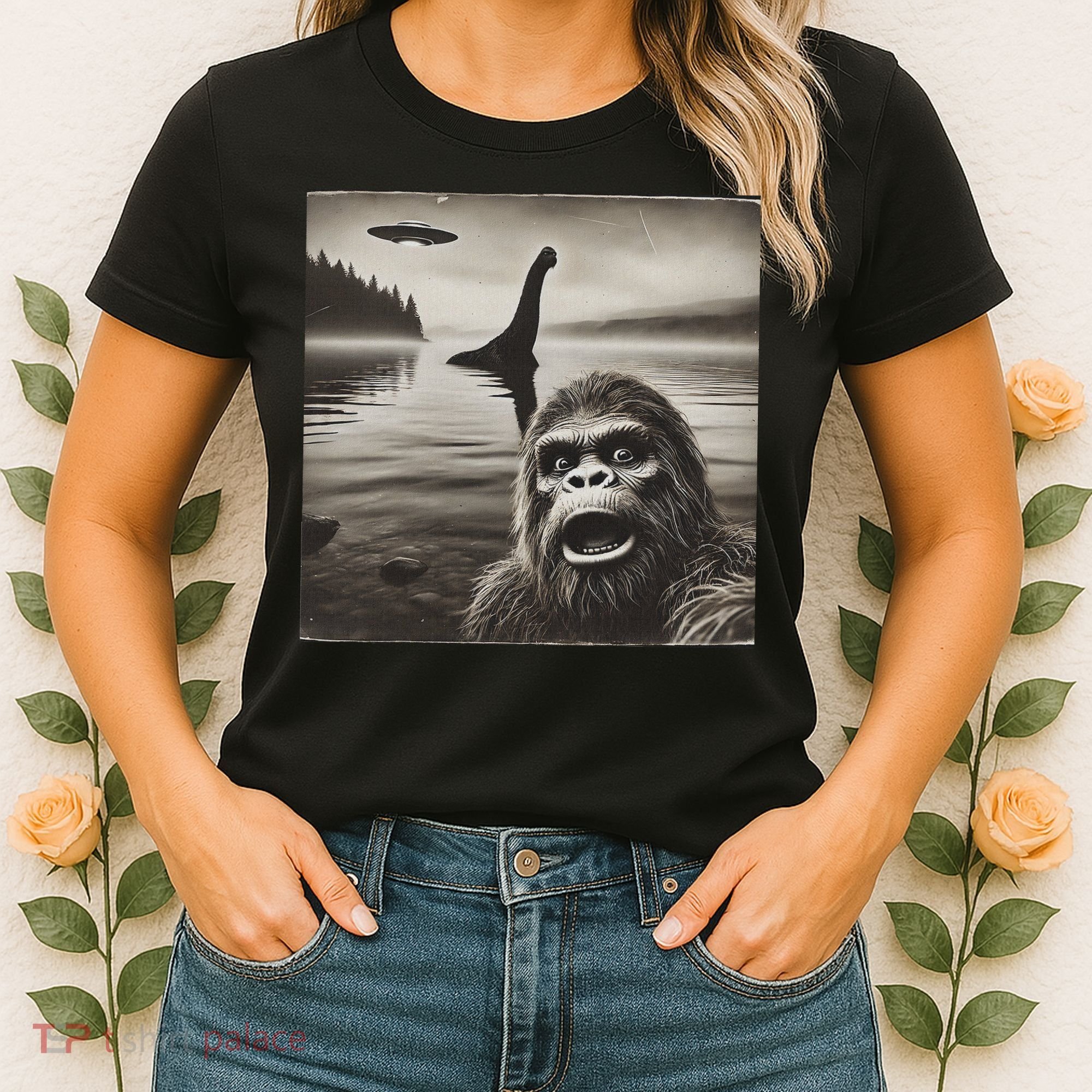 Bigfoot Selfie With Loch Ness Monster And Ufo Aliens Women's T-Shirt