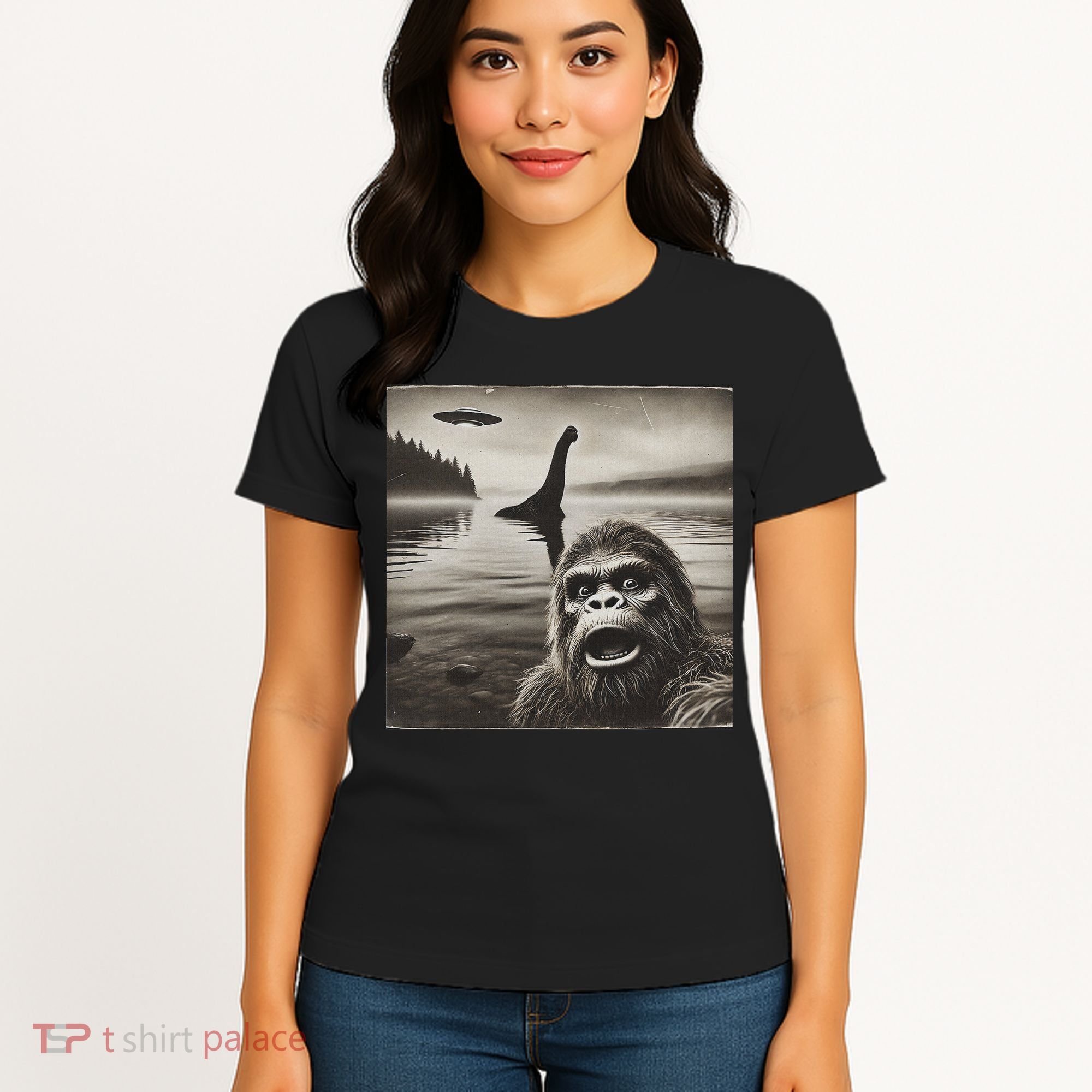 Bigfoot Selfie With Loch Ness Monster And Ufo Aliens Women's T-Shirt
