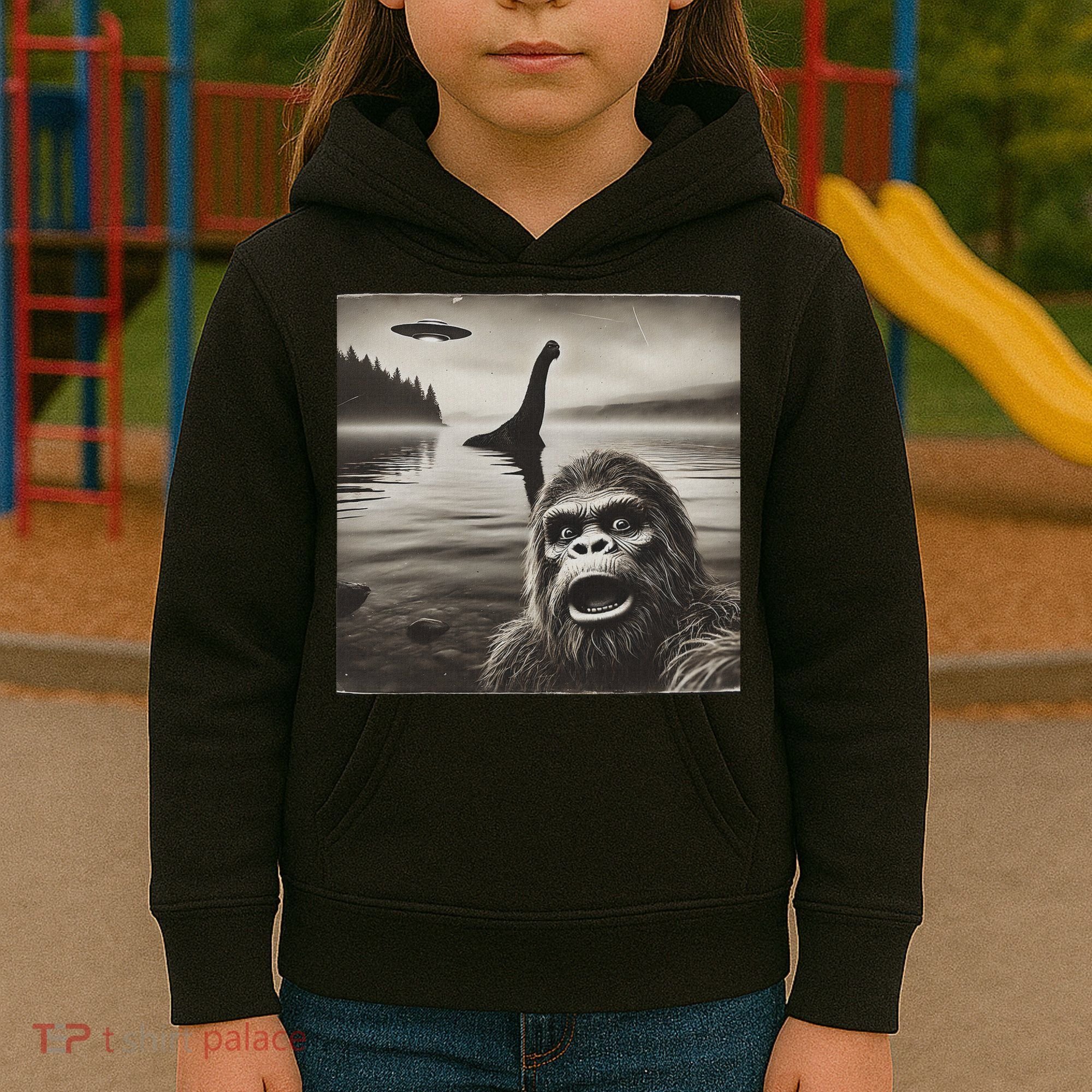 Bigfoot Selfie With Loch Ness Monster And Ufo Aliens Kids Hoodie