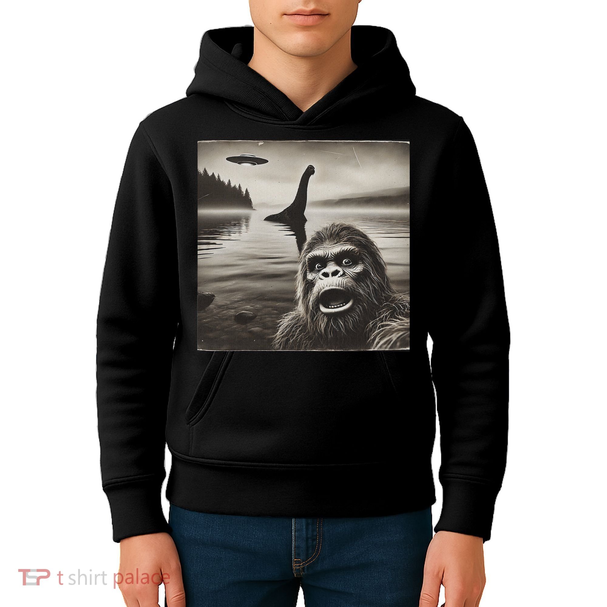 Bigfoot Selfie With Loch Ness Monster And Ufo Aliens Kids Hoodie