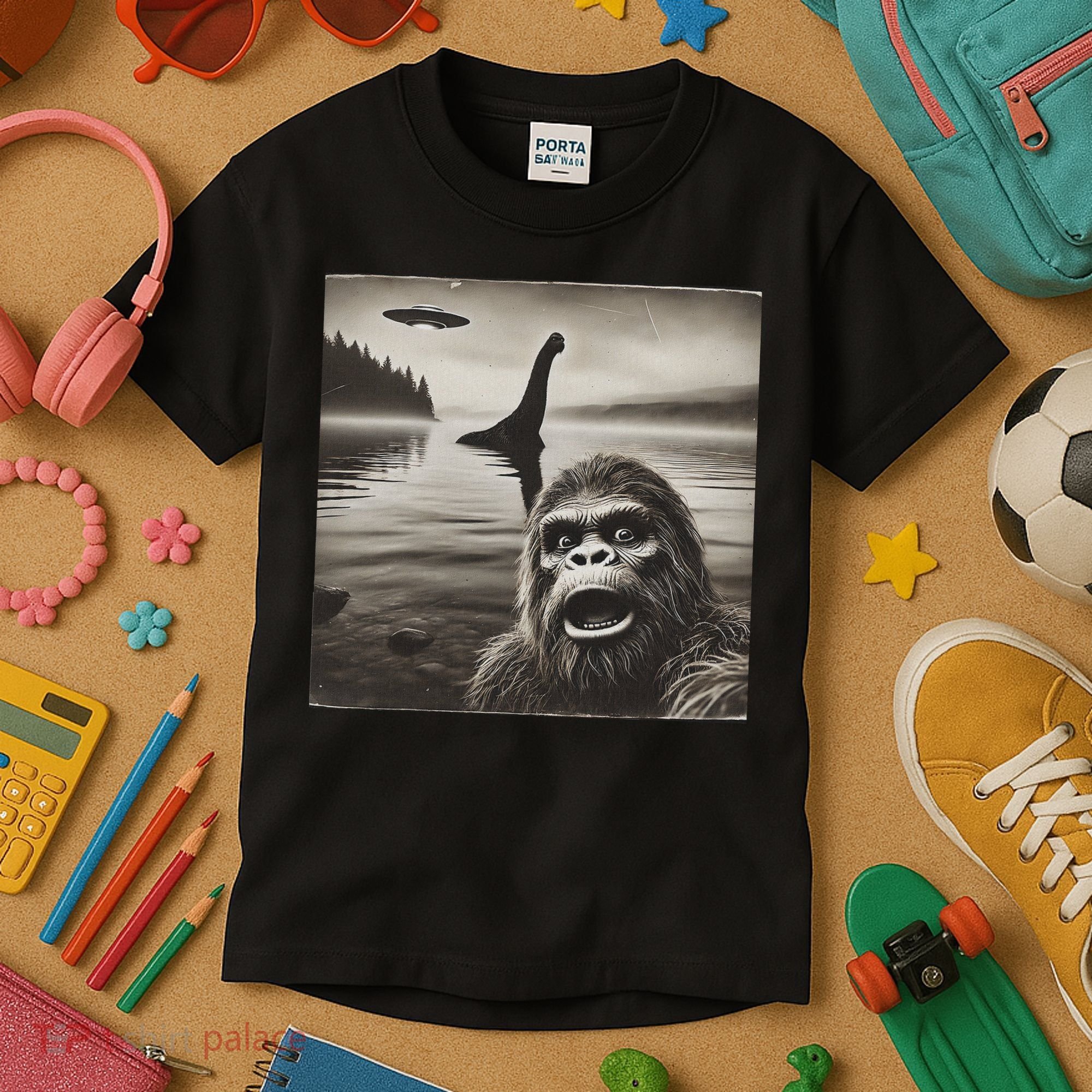 Bigfoot Selfie With Loch Ness Monster And Ufo Aliens Kids T-Shirt