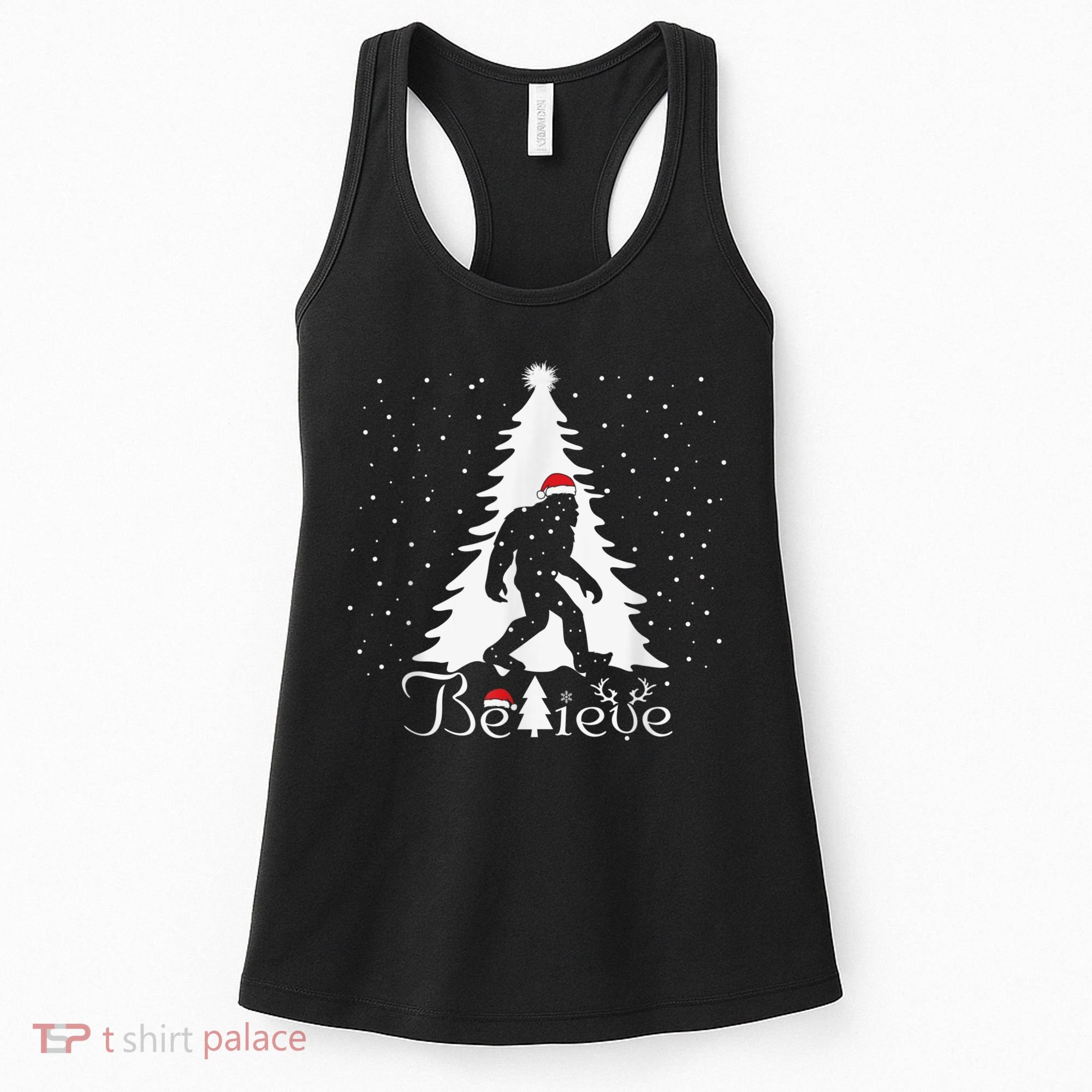 Bigfoot Sasquatch Yeti Believe Santa Hat Christmas Pajamas Women's Tank Top