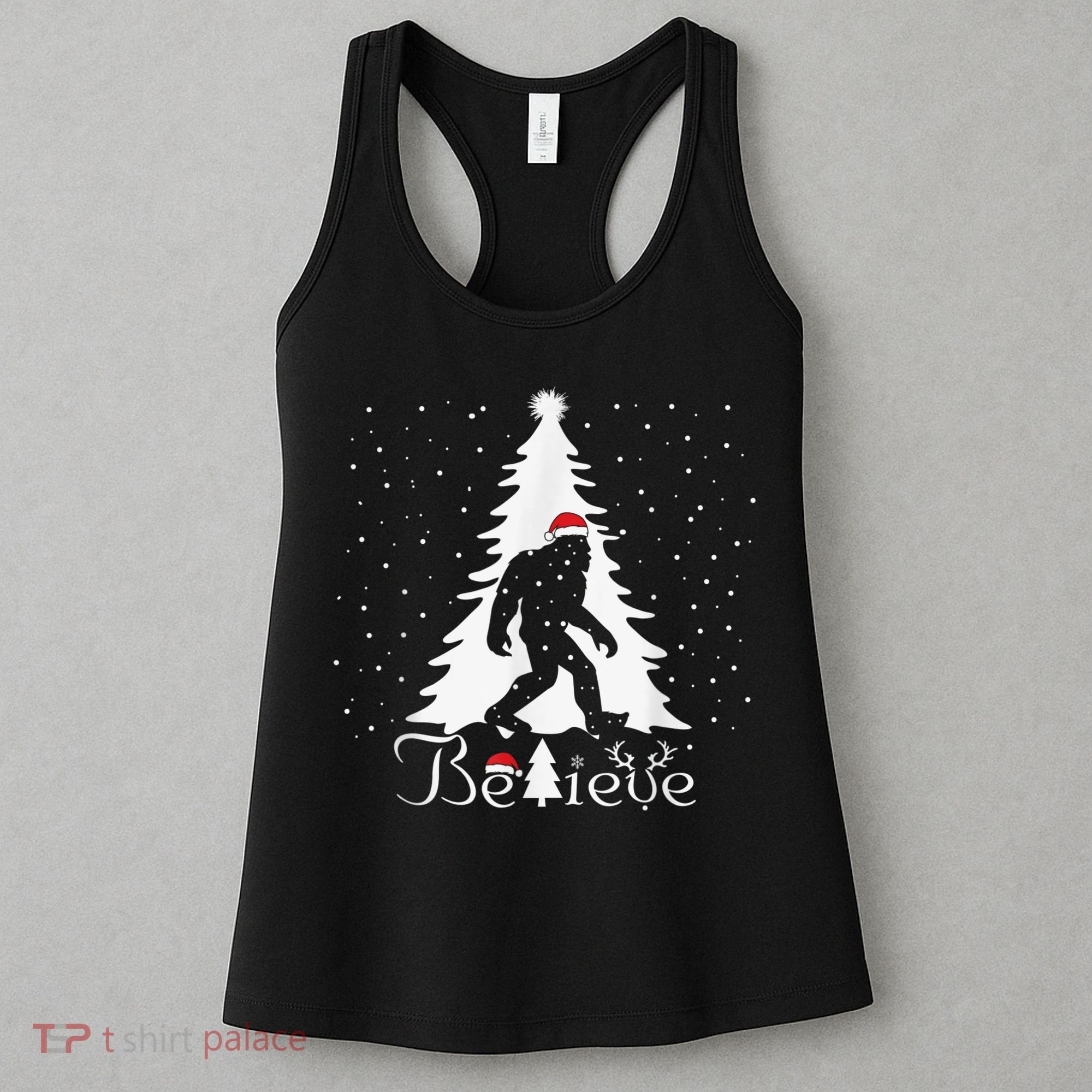 Bigfoot Sasquatch Yeti Believe Santa Hat Christmas Pajamas Women's Tank Top