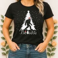Bigfoot Sasquatch Yeti Believe Santa Hat Christmas Pajamas Women's T-Shirt thumb 2