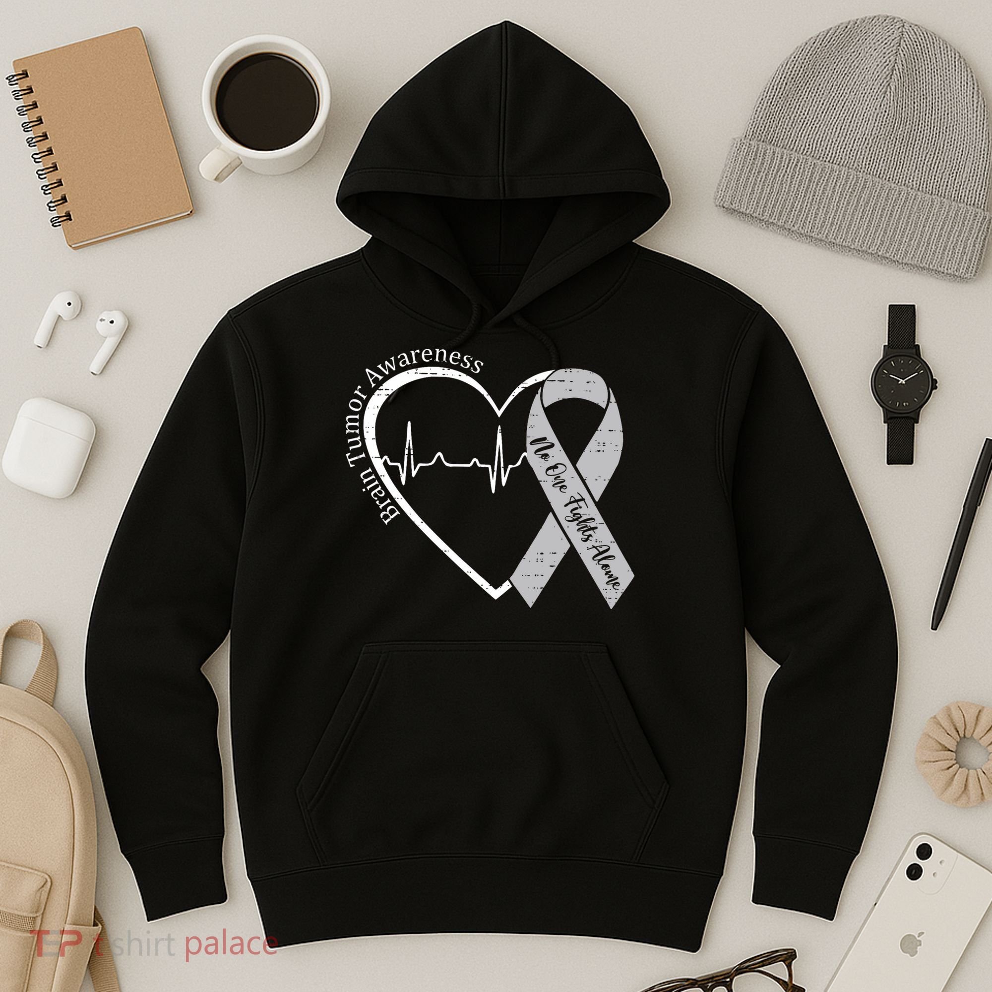 Brain Tumor Awareness Heart Brain Cancer Gray Ribbon Support  Hoodie