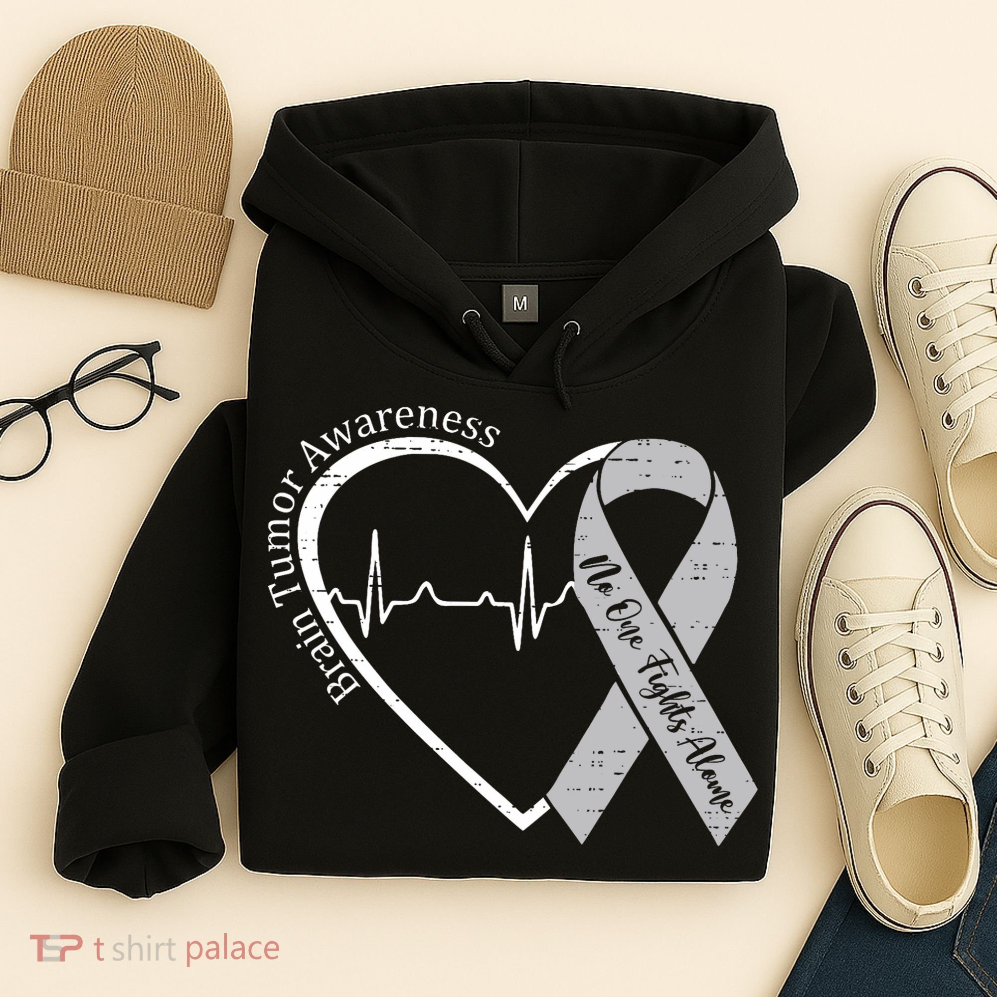 Brain Tumor Awareness Heart Brain Cancer Gray Ribbon Support  Hoodie