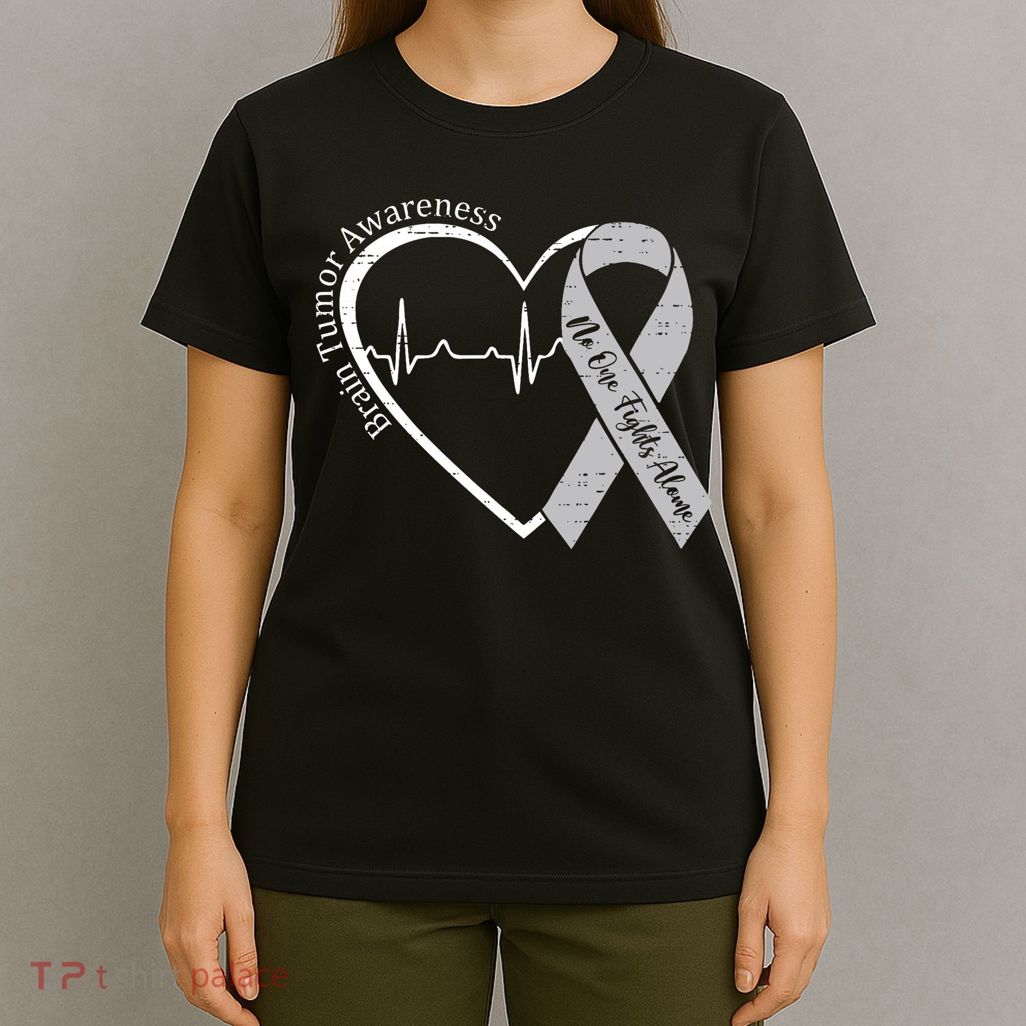 Brain Tumor Awareness Heart Brain Cancer Gray Ribbon Support  T-Shirt