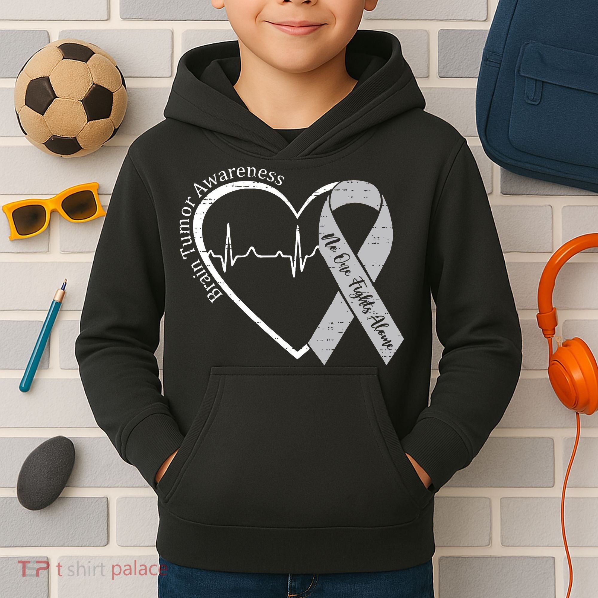 Brain Tumor Awareness Heart Brain Cancer Gray Ribbon Support  Kids Hoodie