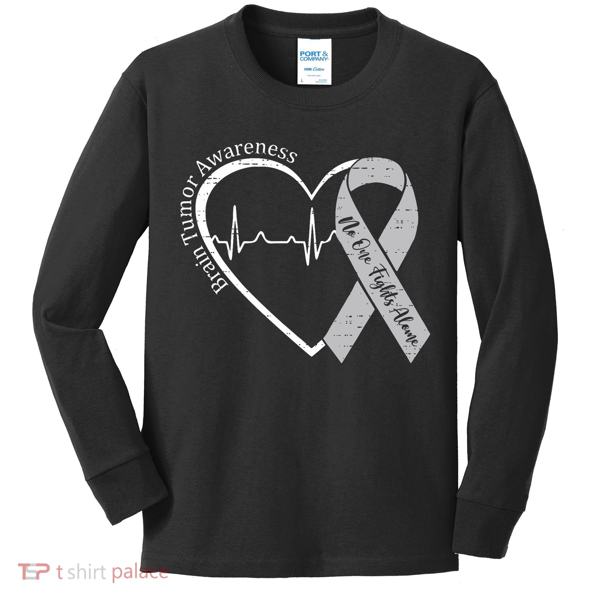 Brain Tumor Awareness Heart Brain Cancer Gray Ribbon Support  Kids Long Sleeve Shirt