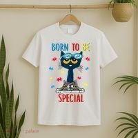 Born To Be Special Autism Awareness Autism Heart Autism Cool Cat T-Shirt thumb 2