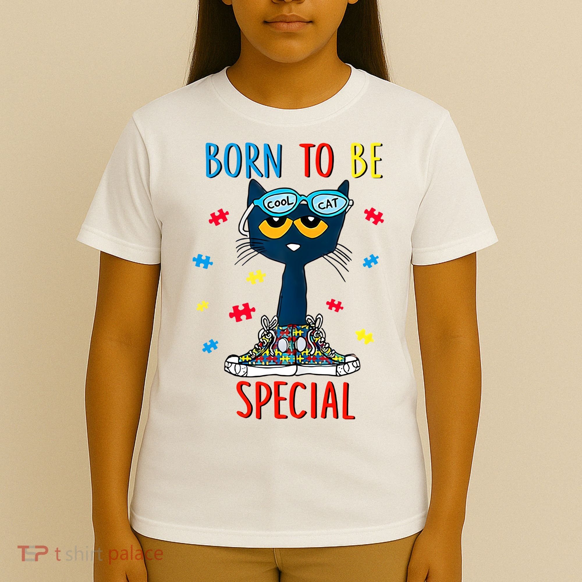 Born To Be Special Autism Awareness Autism Heart Autism Cool Cat T-Shirt