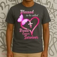 Blessed To Be Called Breast Cancer Survivor Butterfly Heart T-Shirt thumb 3