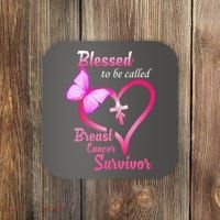 Blessed To Be Called Breast Cancer Survivor Butterfly Heart Coaster thumb 0