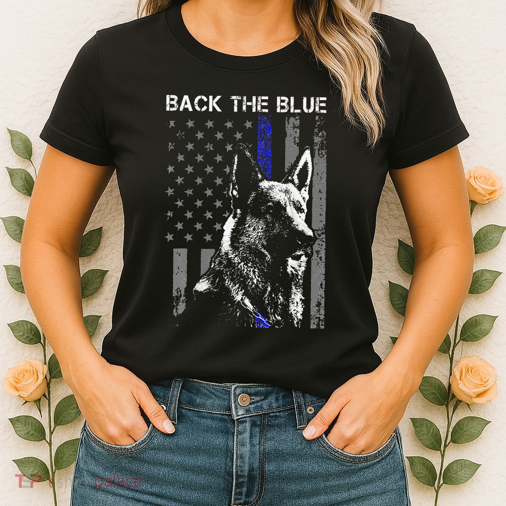 Back The Blue Thin Blue Line Flag K9 German Shepherd Police Women's T-Shirt
