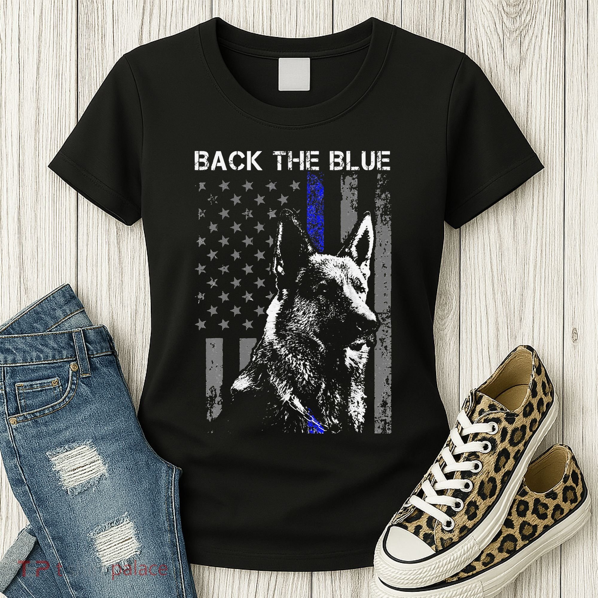 Back The Blue Thin Blue Line Flag K9 German Shepherd Police Women's T-Shirt