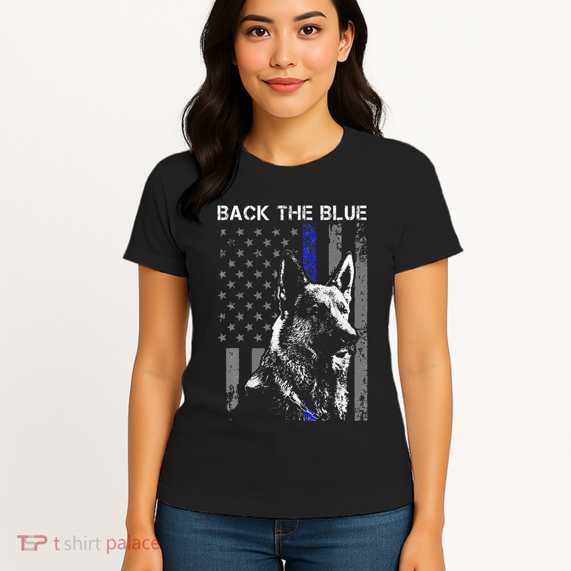 Back The Blue Thin Blue Line Flag K9 German Shepherd Police Women's T-Shirt